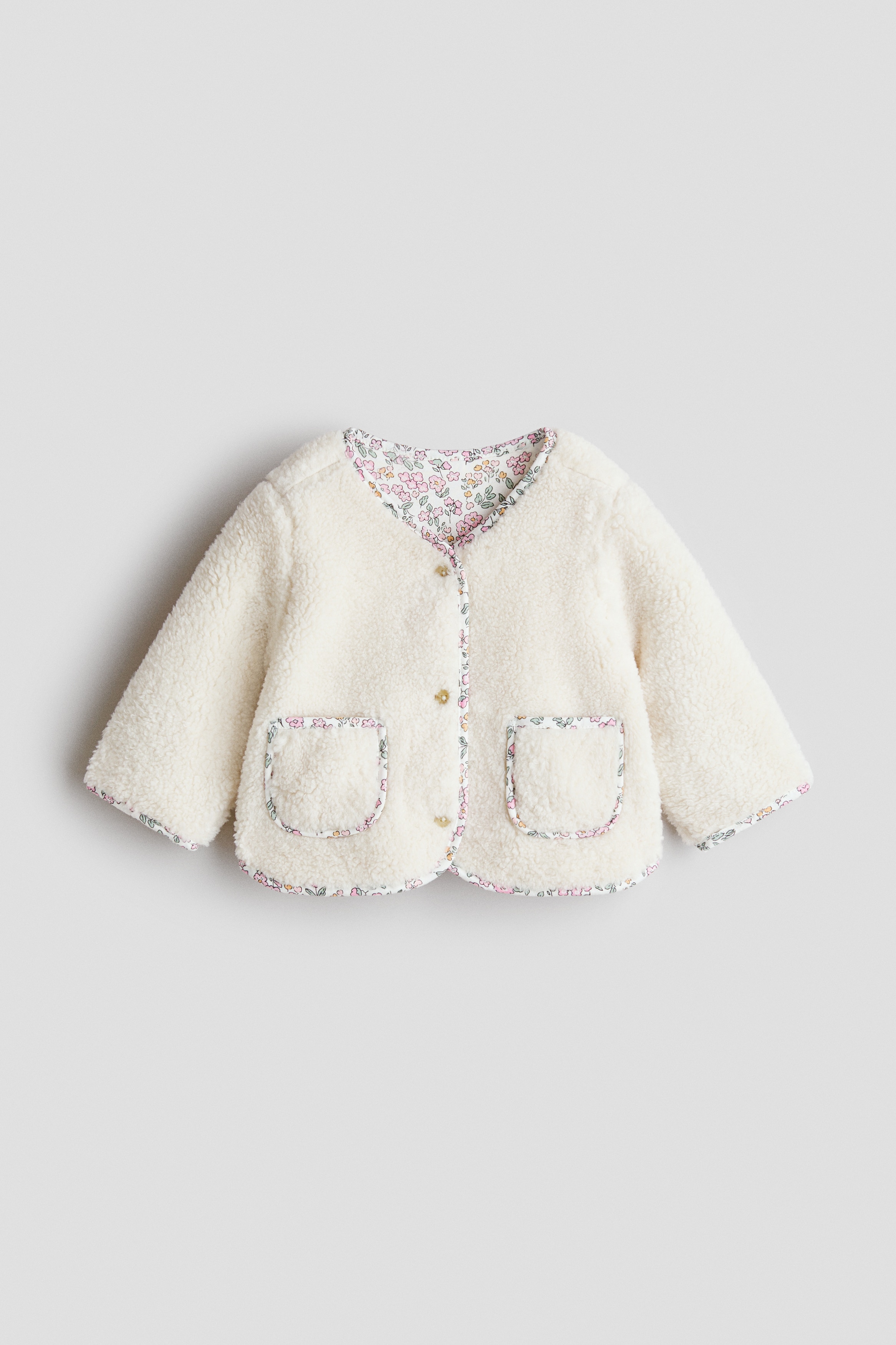 Jakke i teddybear - Hvid/Blomstret/Lys rosa