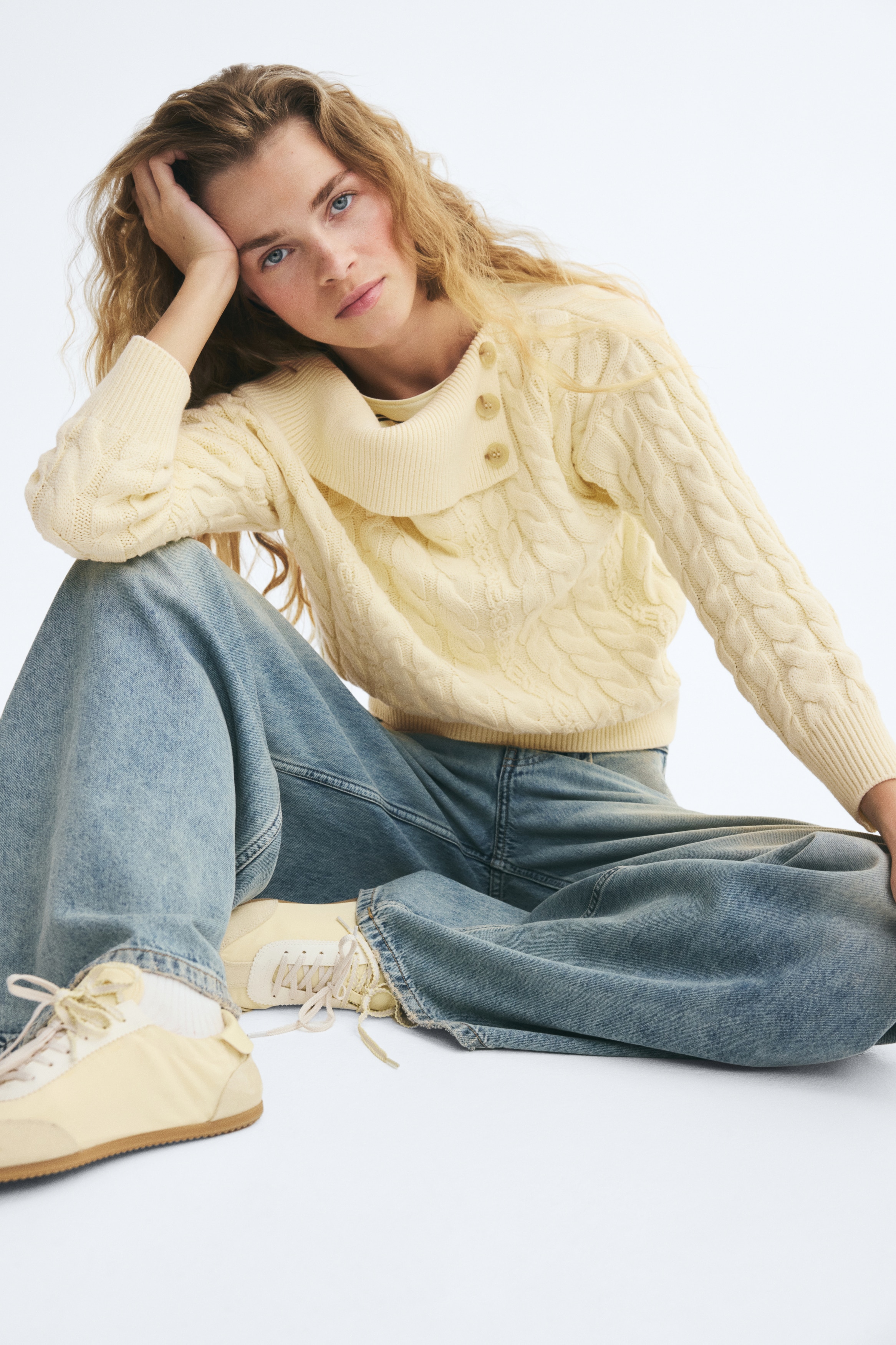 Áo jumper trễ vai dệt vặn thừng