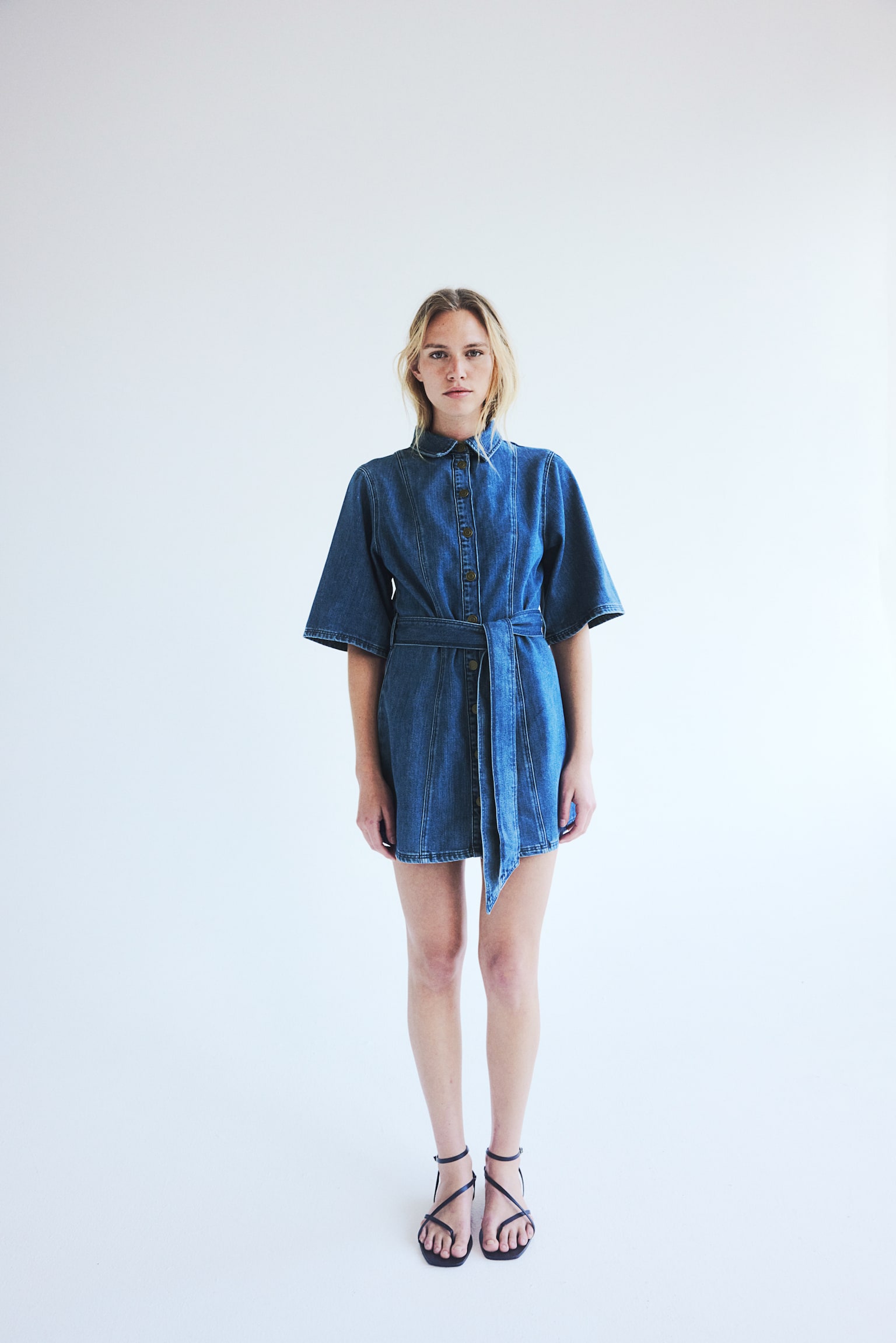 Tie Belt Denim Dress - Denim blue - 1