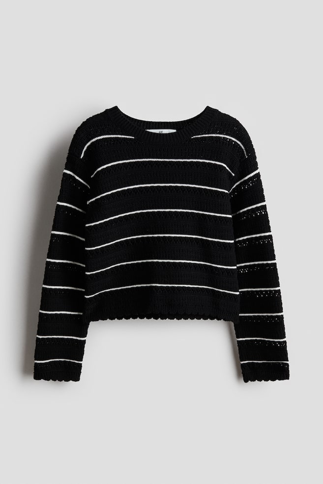 Pointelle-Knit Cotton Sweater - Black/striped/Cream/striped - 1