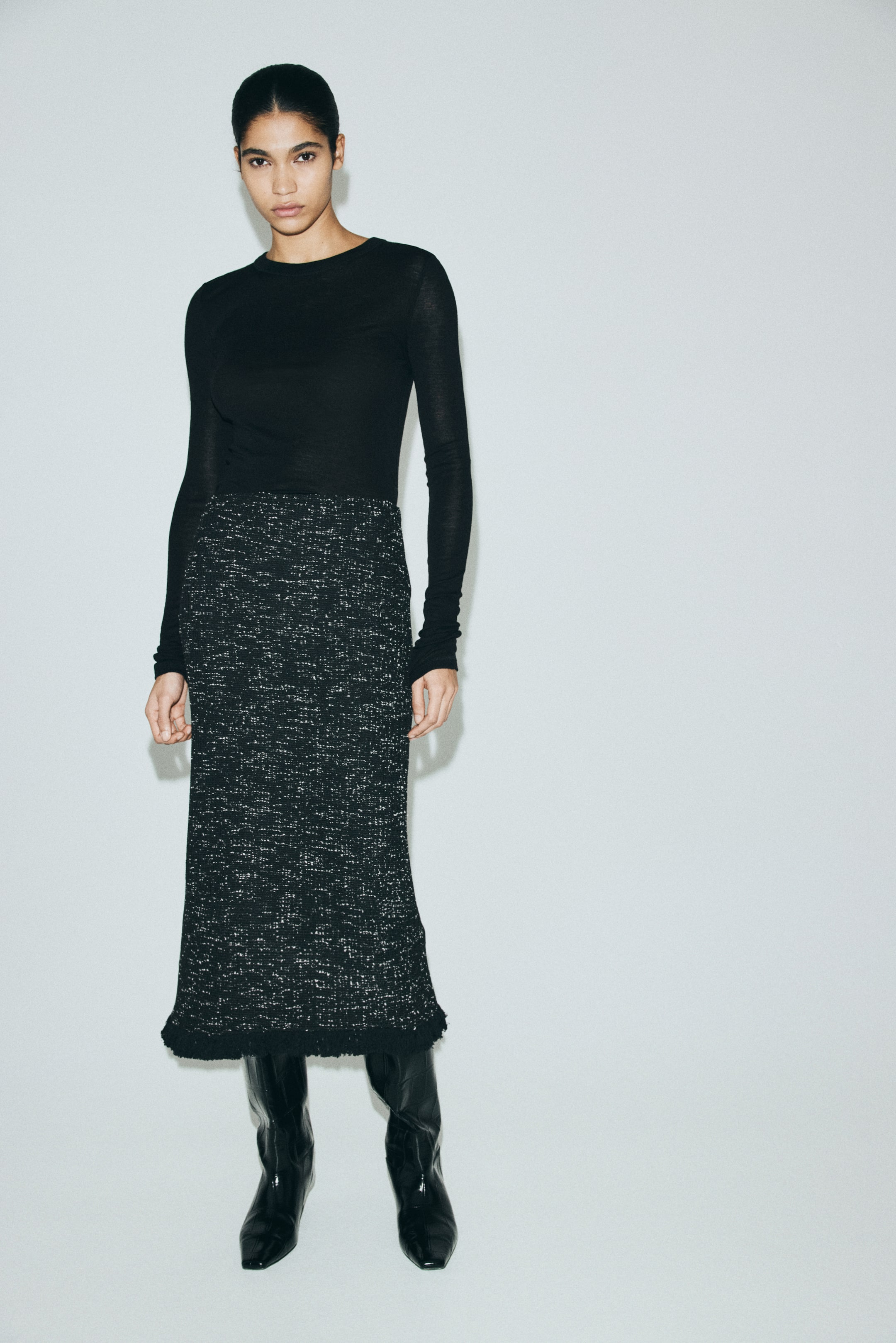 Vezi imaginea mai mare: Fustă-creion din bouclé - Negru-melanj - FEMEI | H&M RO 2