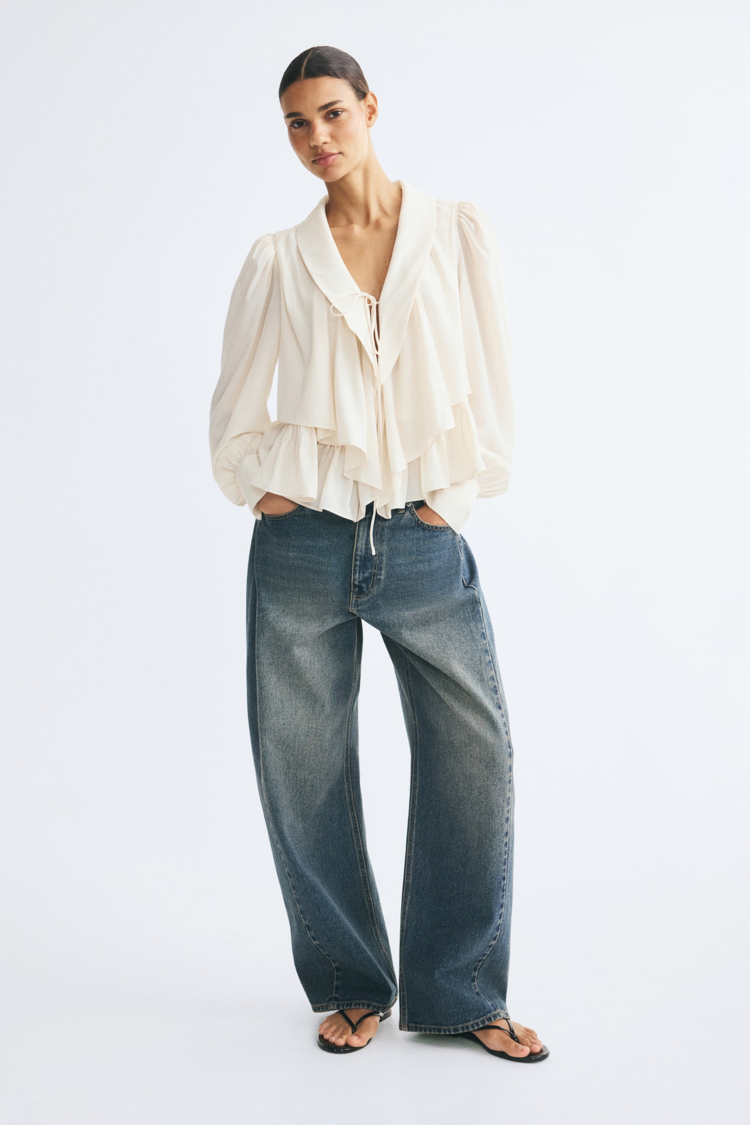 Женская блузка H&M Peplum Blouse with Shawl Collar, цвет: Светлый бежевый — фото 3