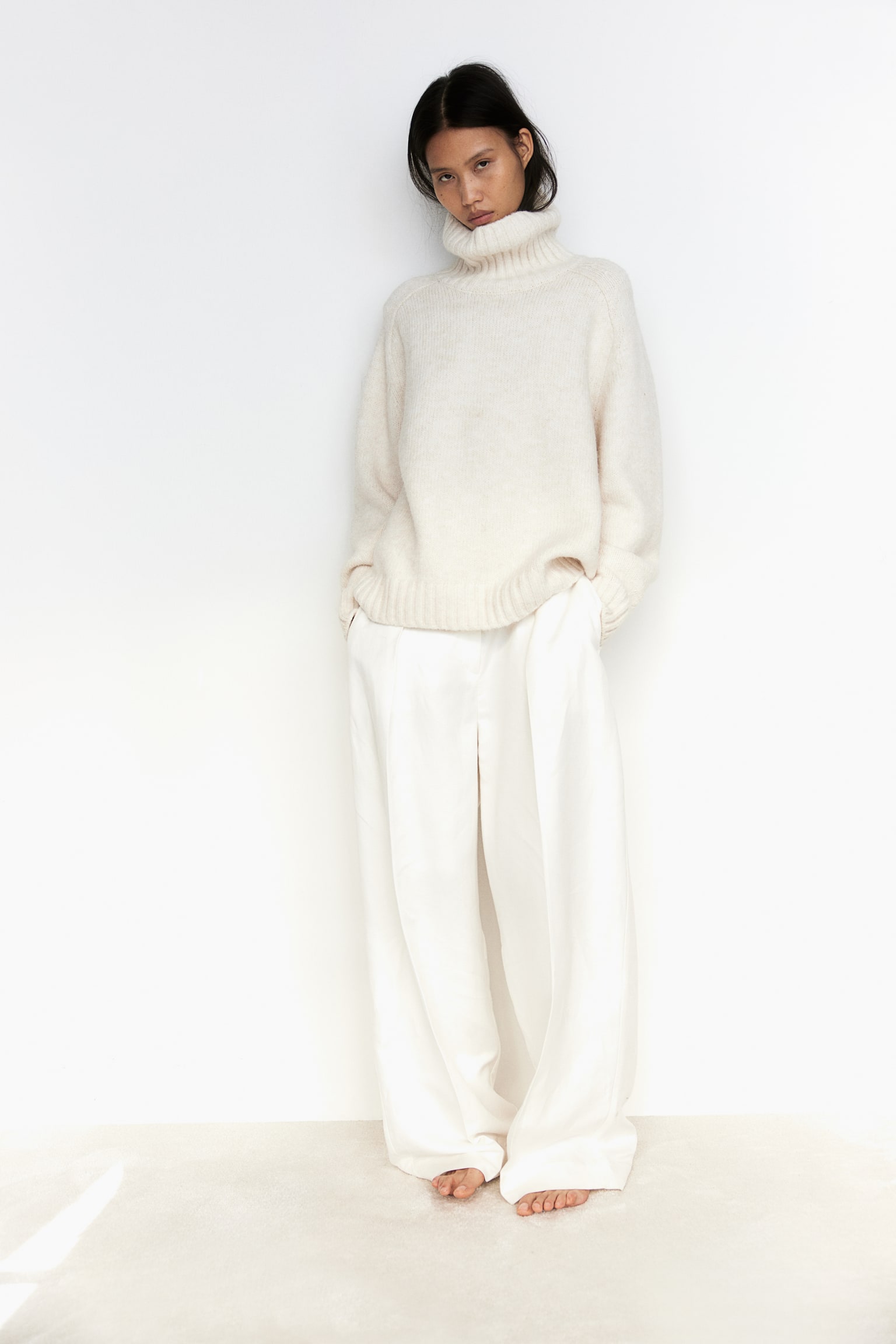 Oversized polo-neck jumper - Cream/Grey marl - 4