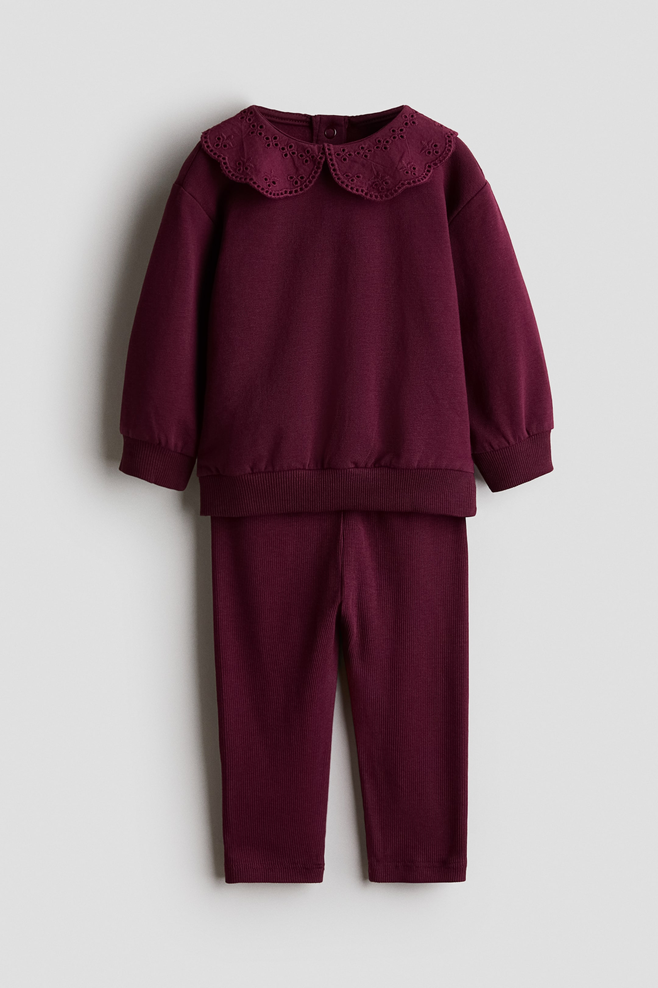 View larger image: A burgundy two-piece set comprising a sweatshirt and matching pants. The sweatshirt features a rounded eyelet lace Peter Pan collar, long sleeves with ribbed cuffs, and a ribbed hem, with button closures visible at the back of the neck. The matching pants feature a ribbed texture.