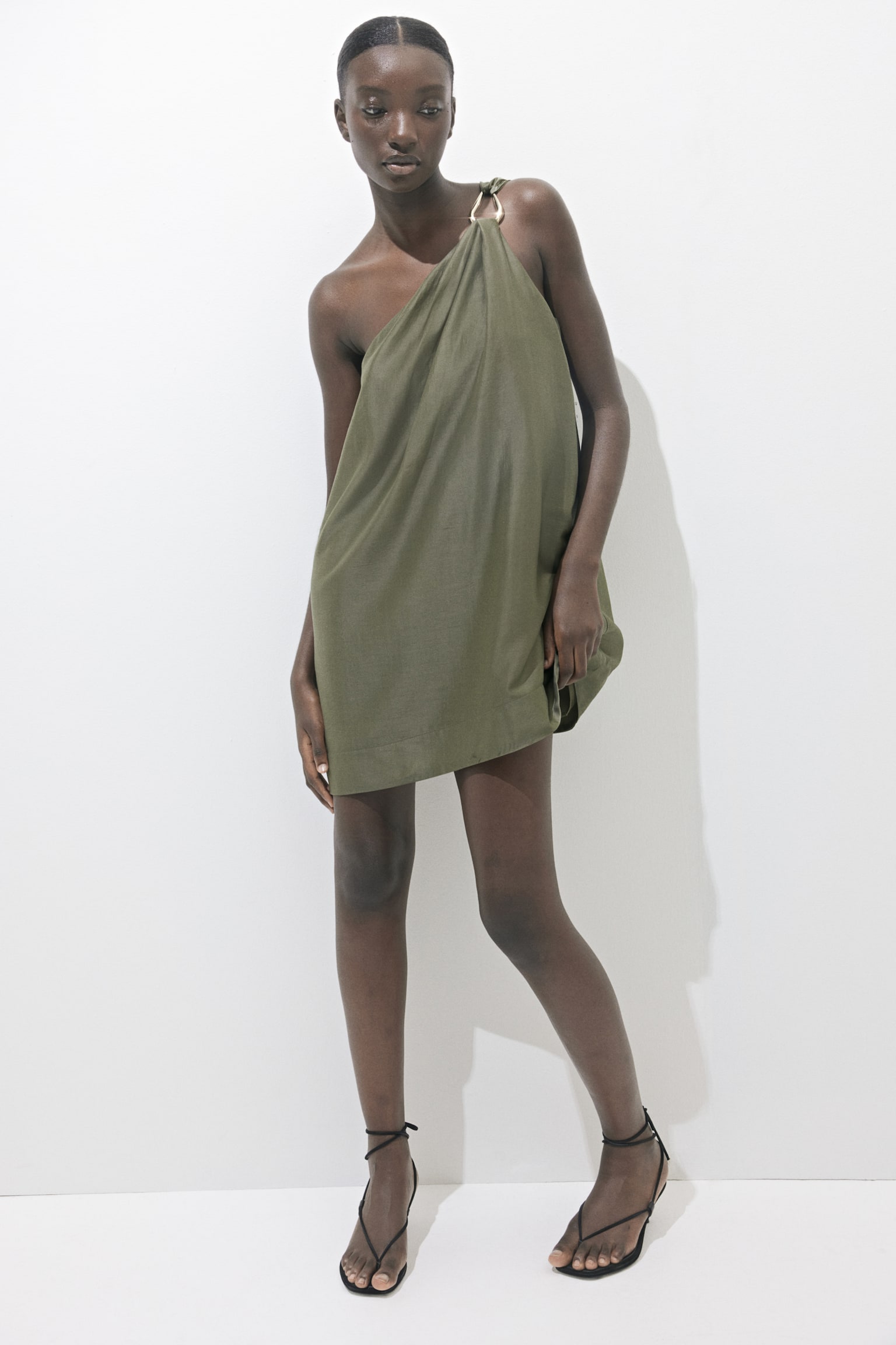 Lyocell Blend One Shoulder Dress - Dark khaki green/Rust orange - 6