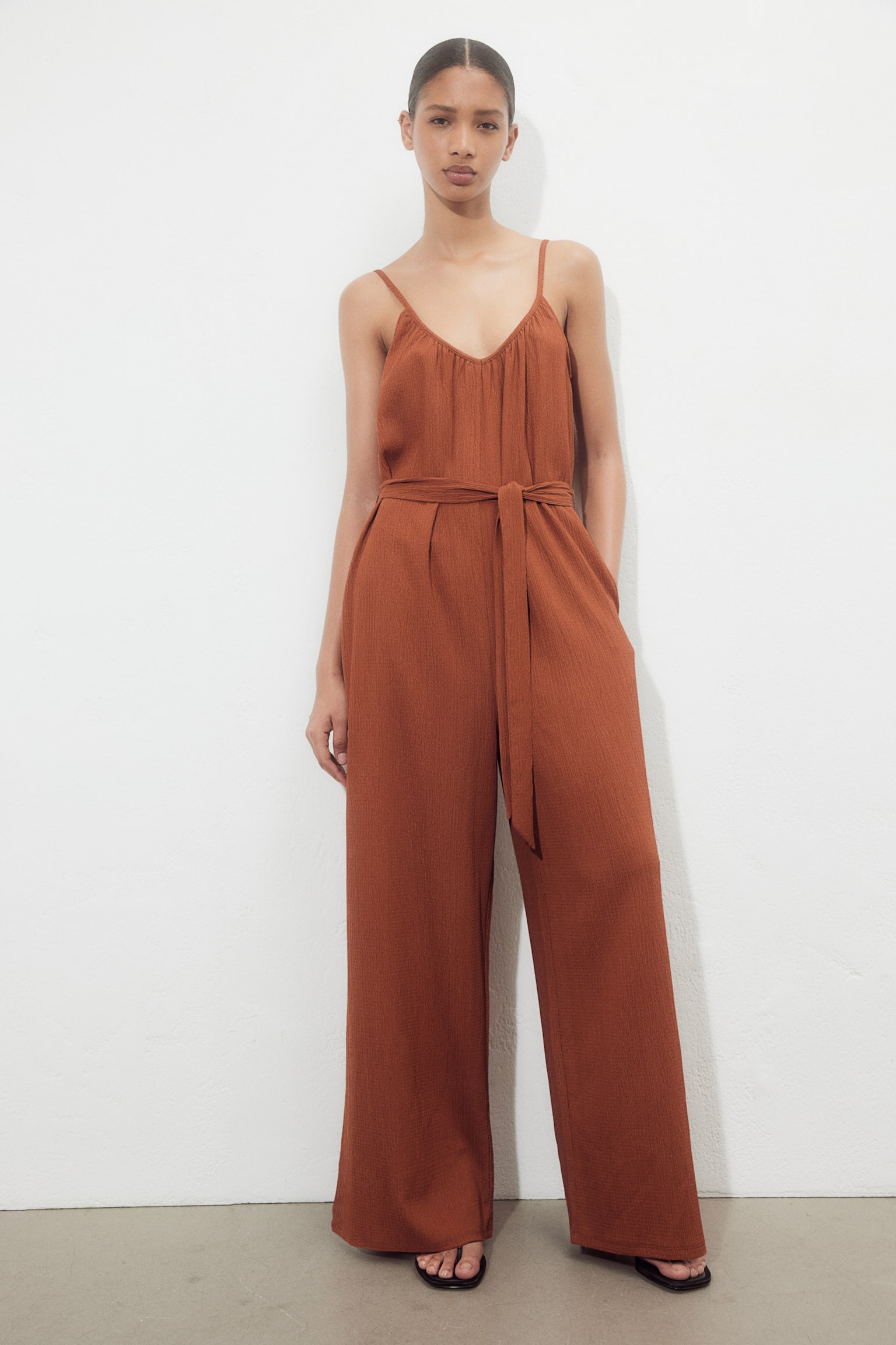 Tie Belt Jersey Jumpsuit - Rust brown/Light beige/Stripe/Black/Light beige/Black pattern - 6