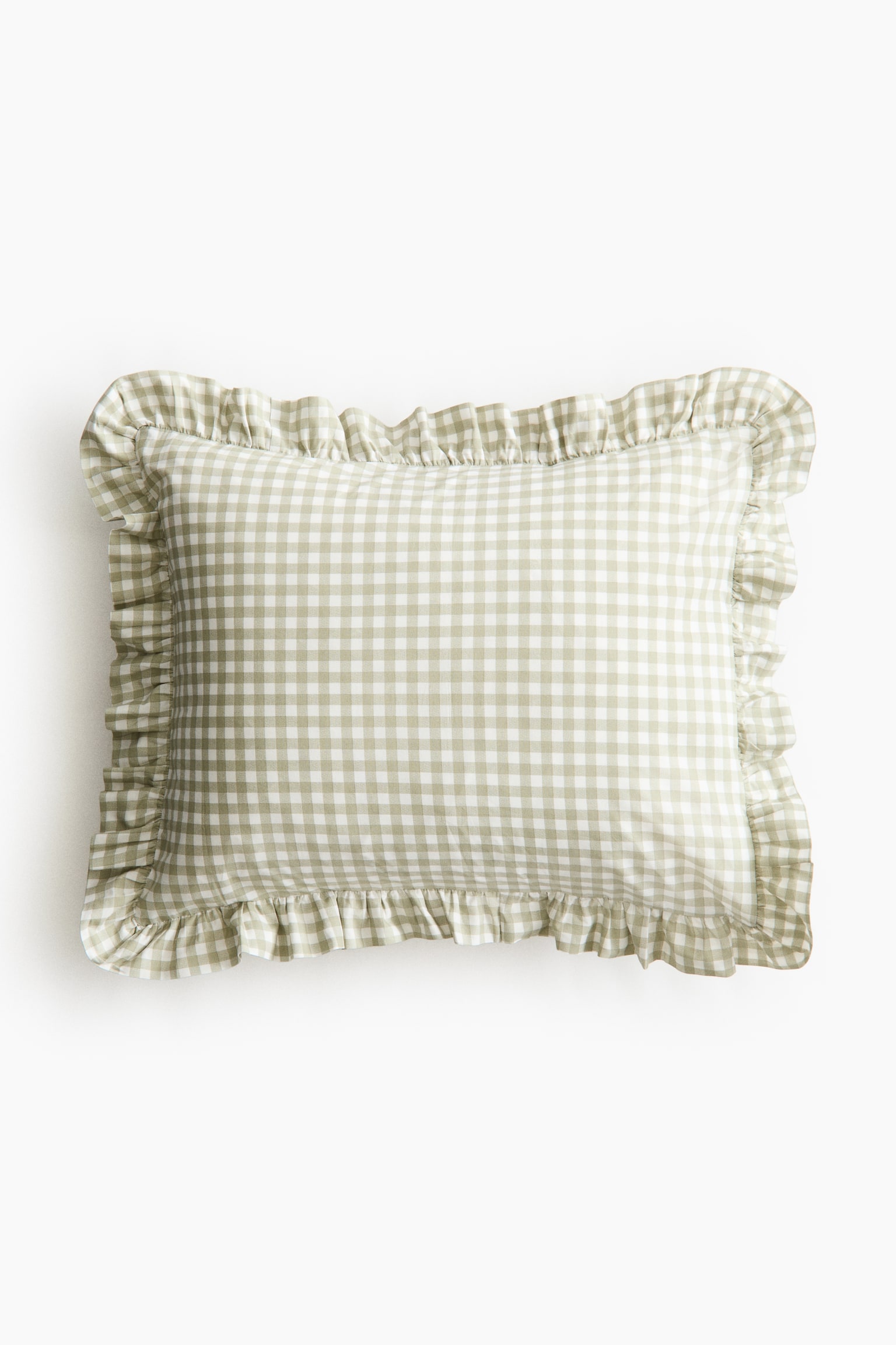 Frill-trimmed cotton pillowcase - Khaki green/Gingham check/Light beige/Gingham check - 1