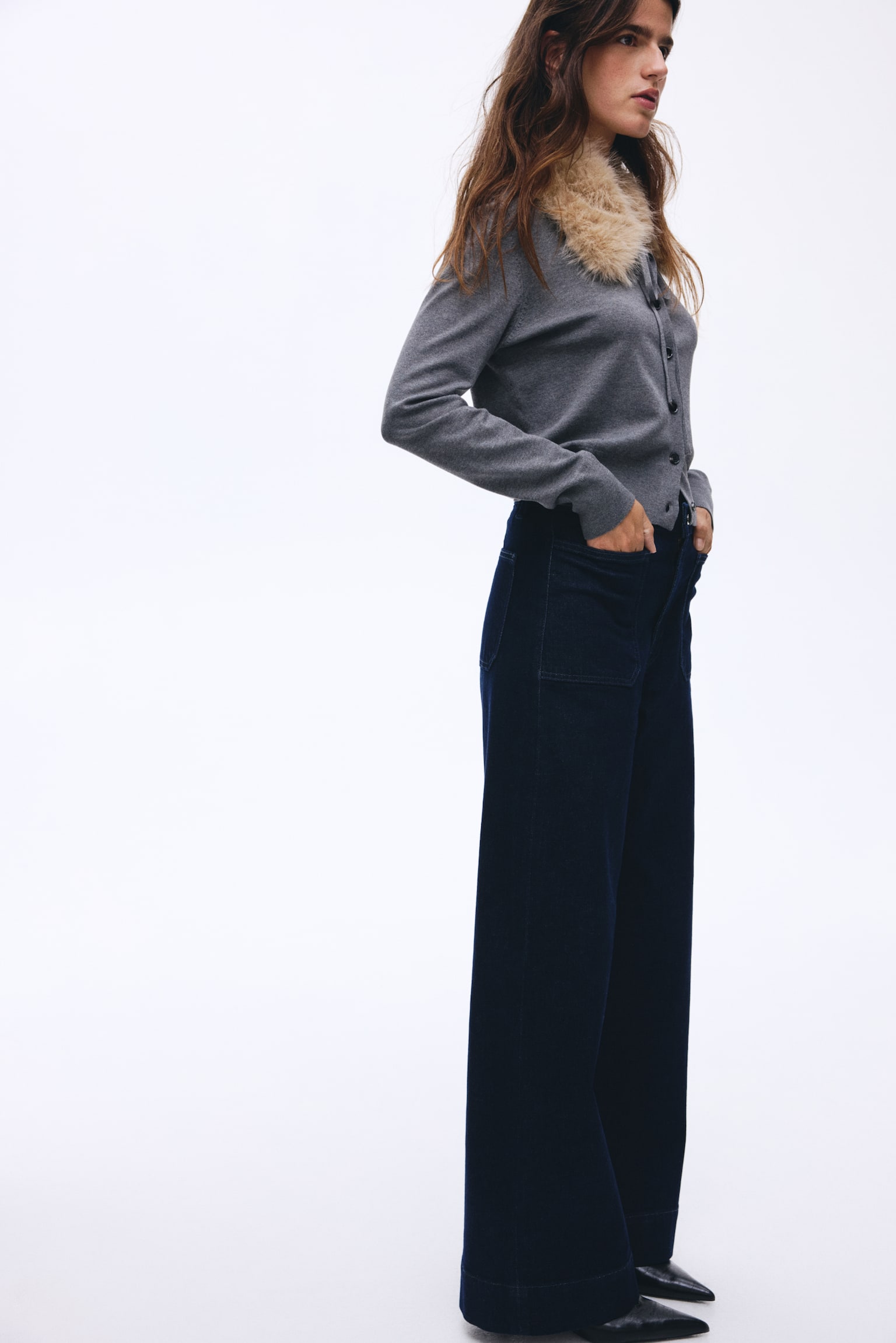 Wide High Jeans - Σκούρο μπλε denim/Λευκό - 6