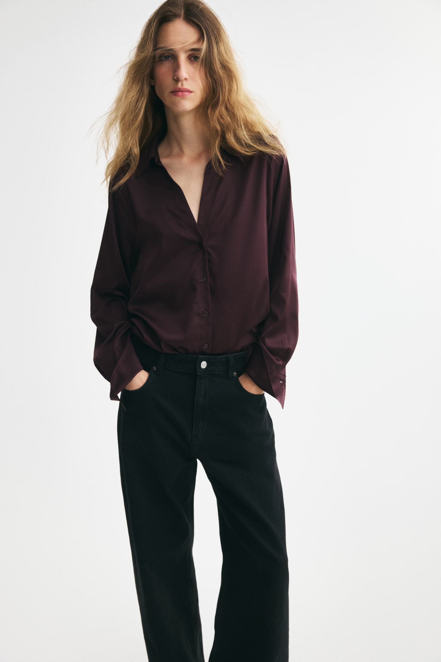 V-neck blouse - Dark purple/Cream/Black - 1