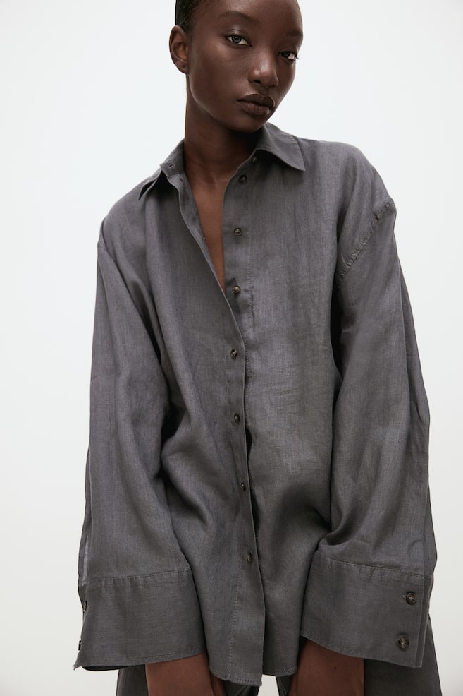 Oversized linen shirt - Dark grey - 1