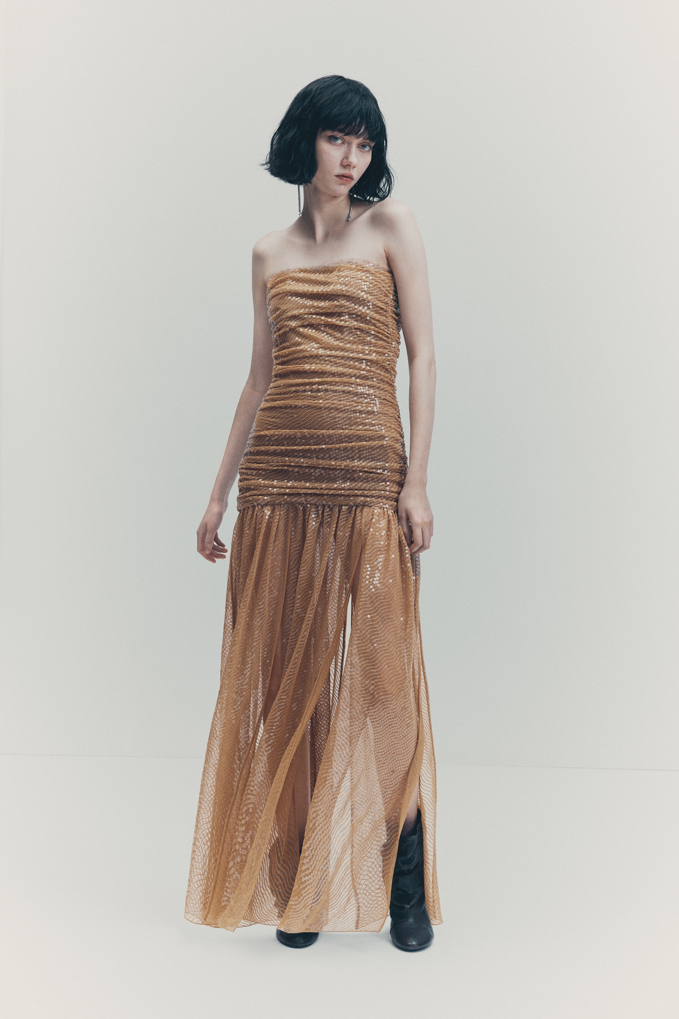 H & M - スパンコールイブニングドレス - ベージュ