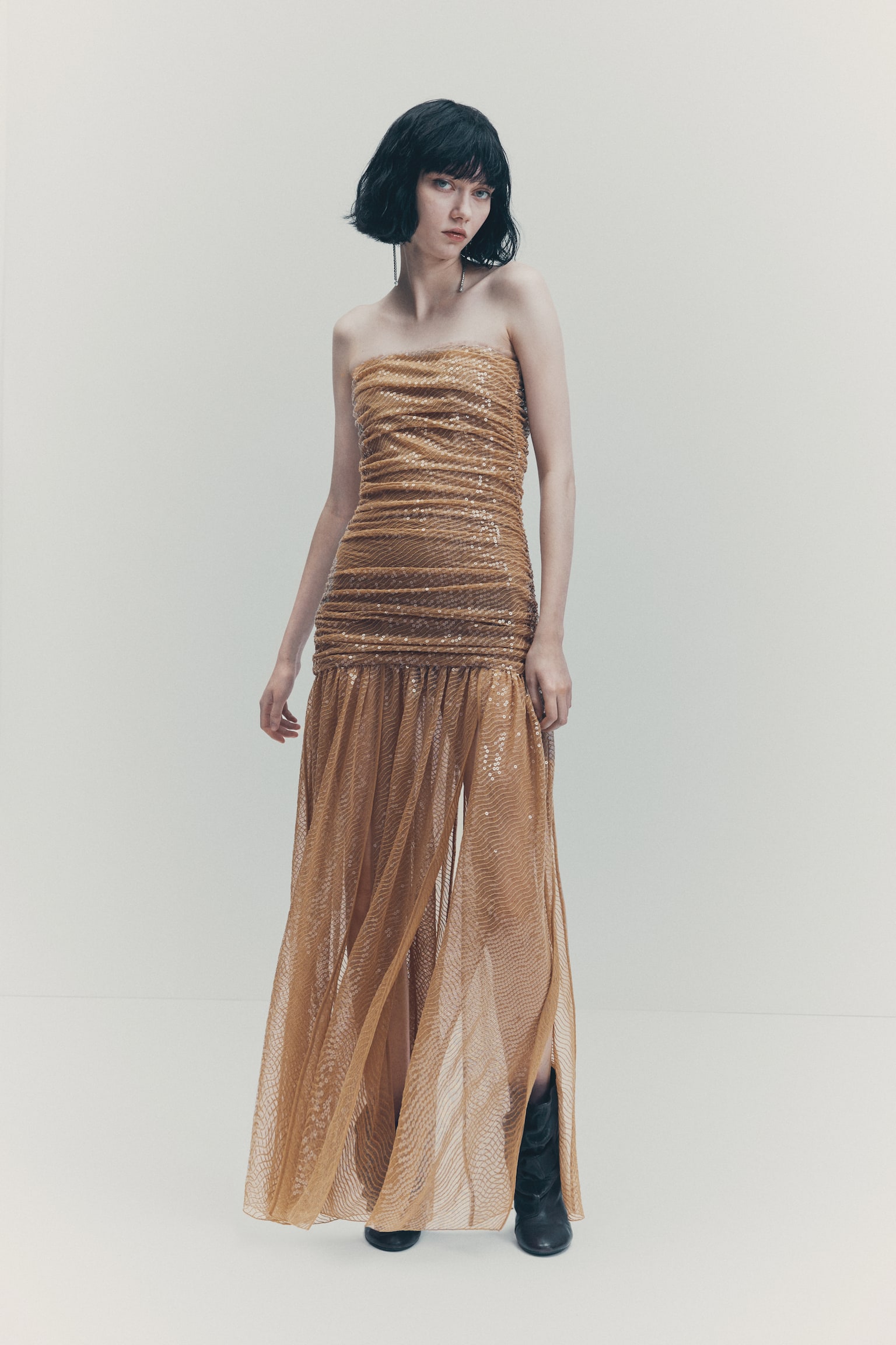 Sequined Evening Gown - Beige - 1