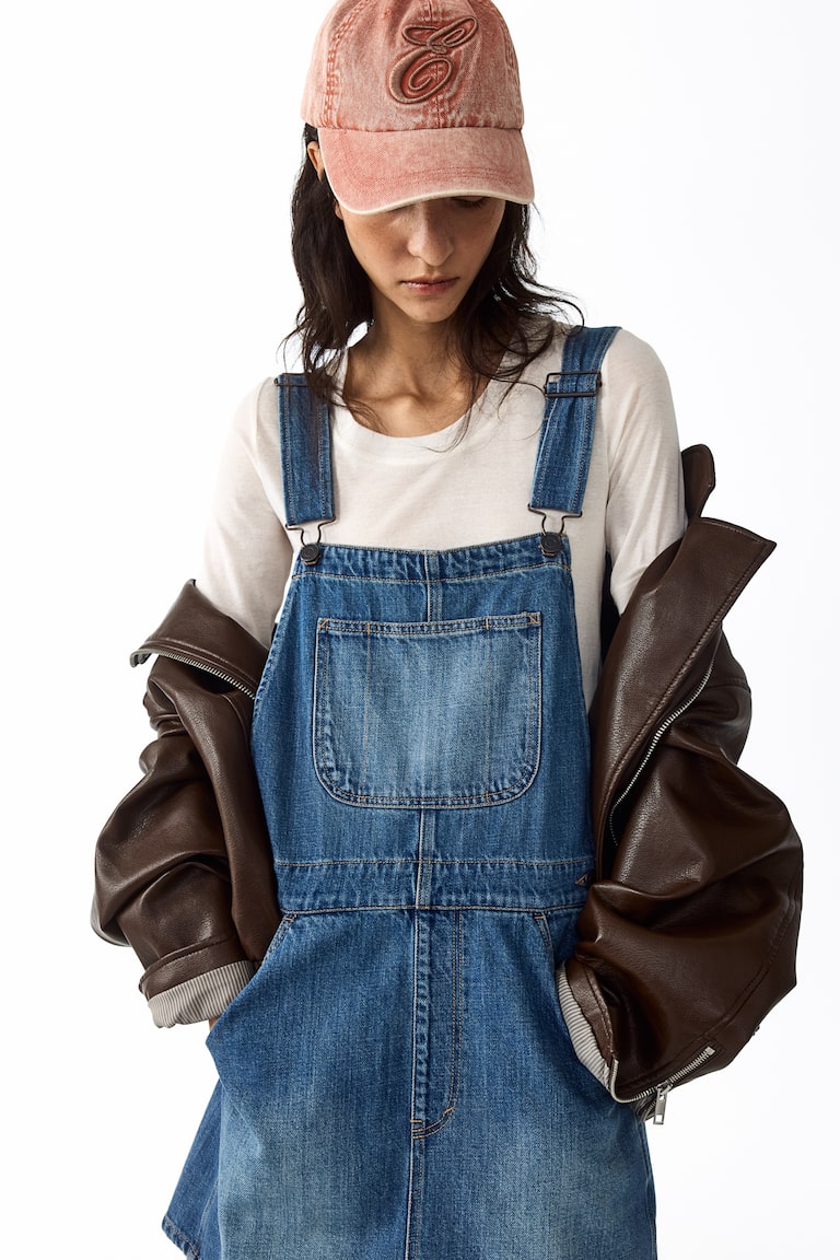 blue overall dress Denim Model is 5 3 Birdseye Overall Dress - Navy