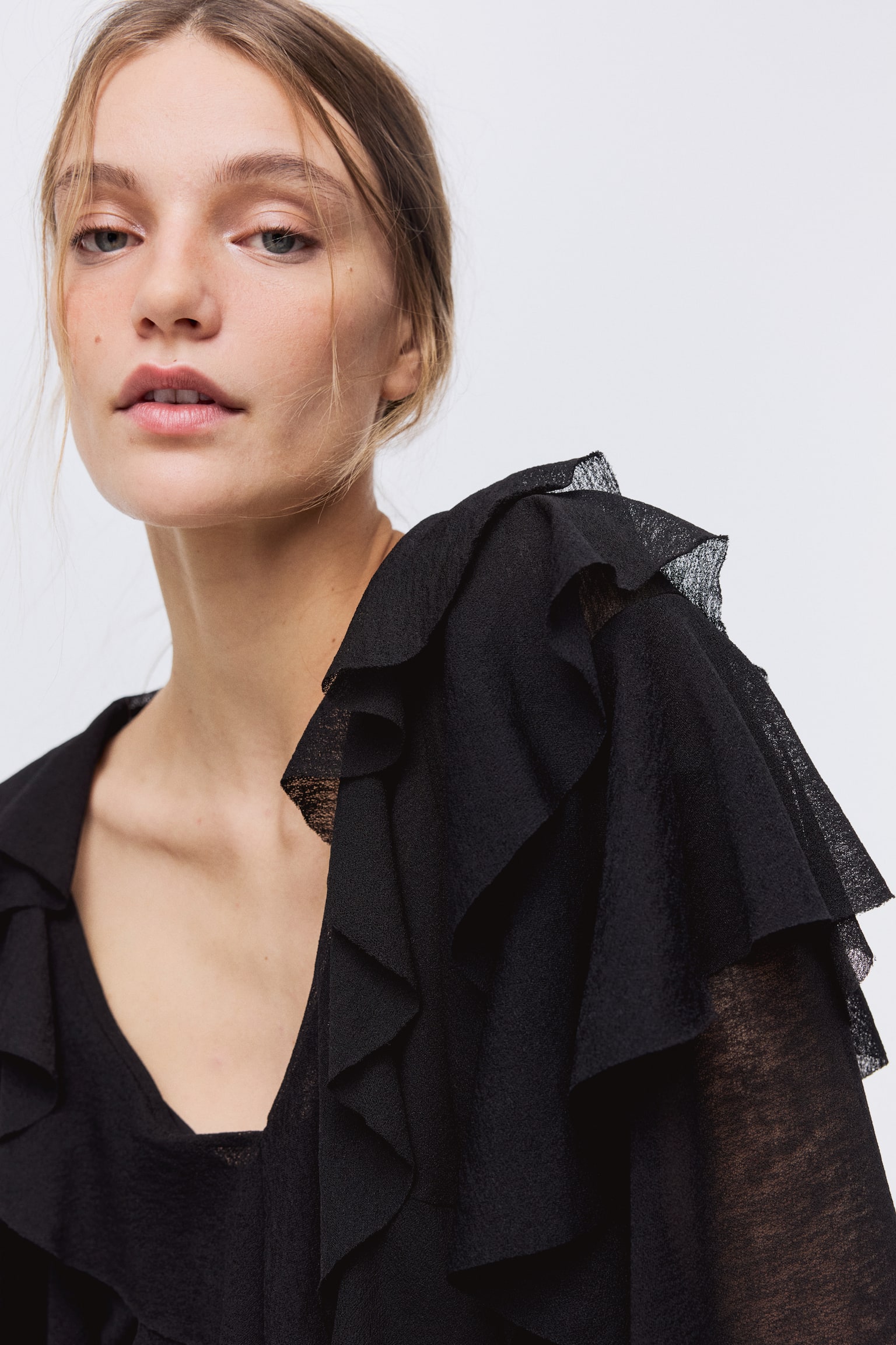 Μπλούζα με βολάν - Μαύρο/Σκούρο καφέ - 3