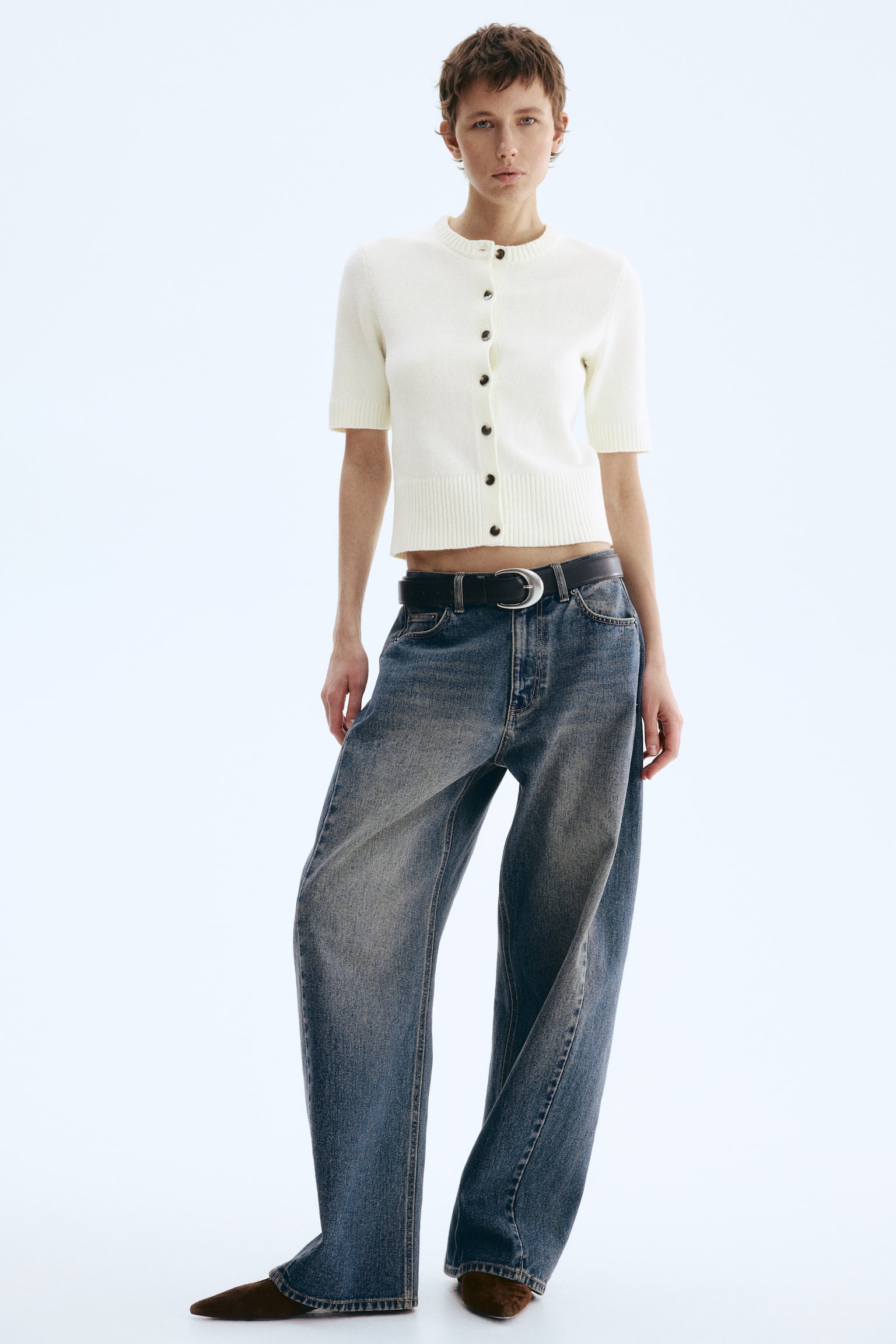 Short-sleeved cardigan - White/Dark brown/Light yellow - 4