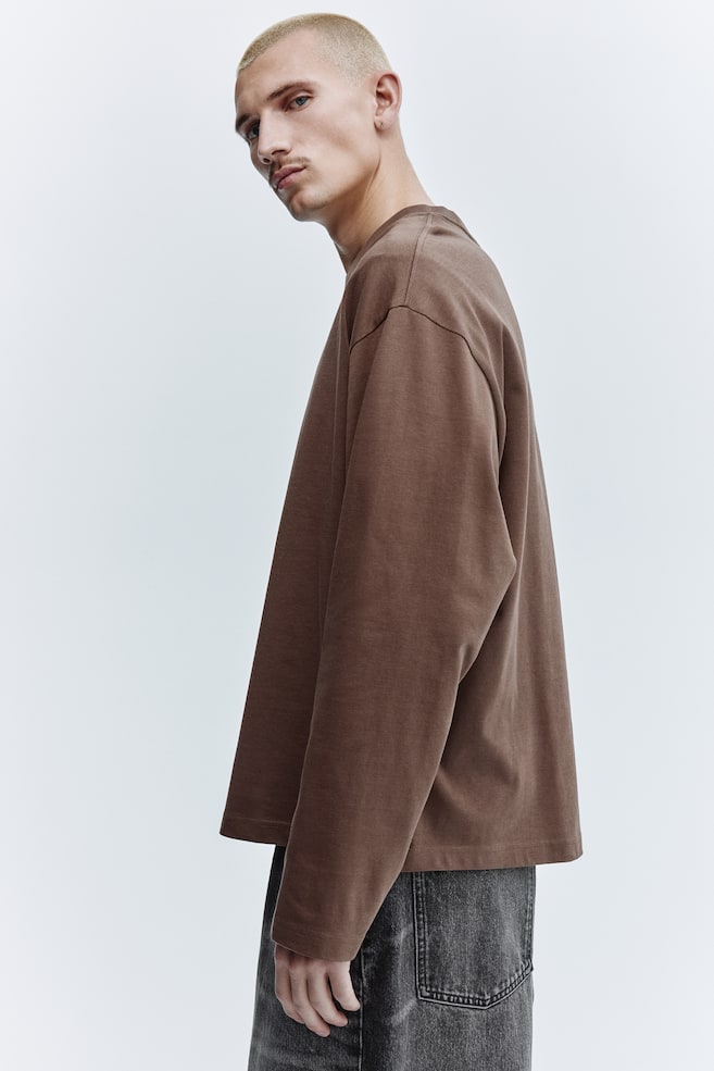 Oversized Long-Sleeved Jersey Shirt-Brown - 4