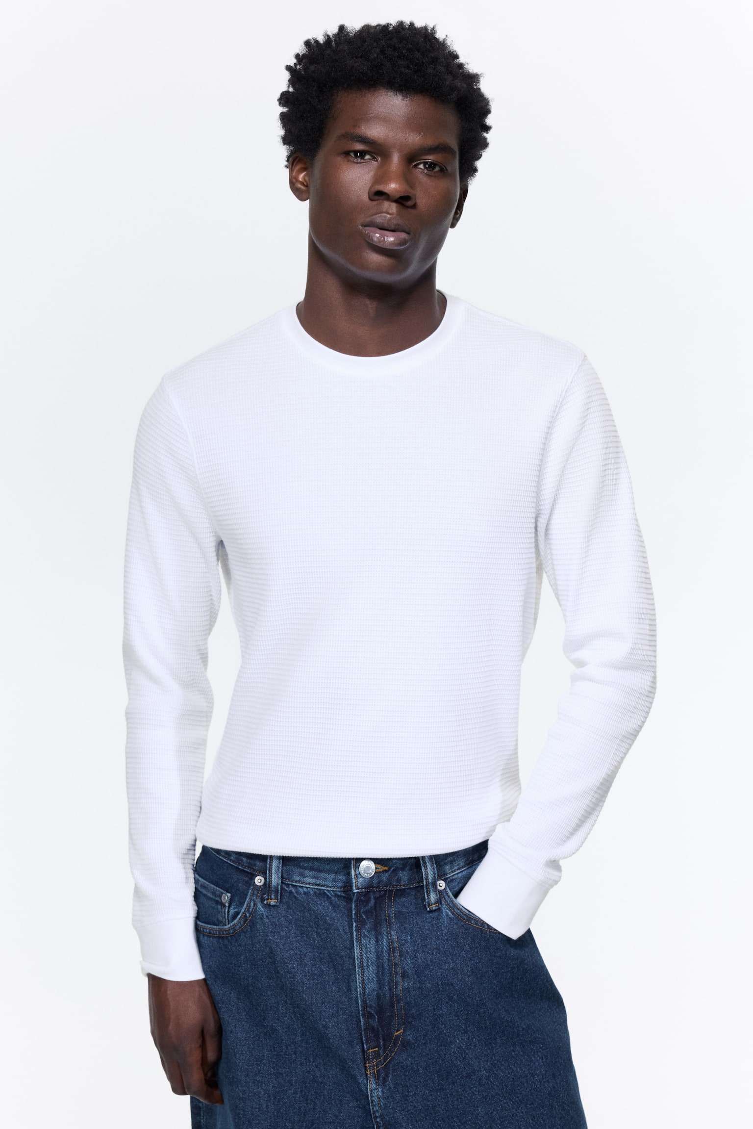 חולצת ג‘רזי ופל Slim Fit - לבן/בז'/אפור בהיר/שחור - 1