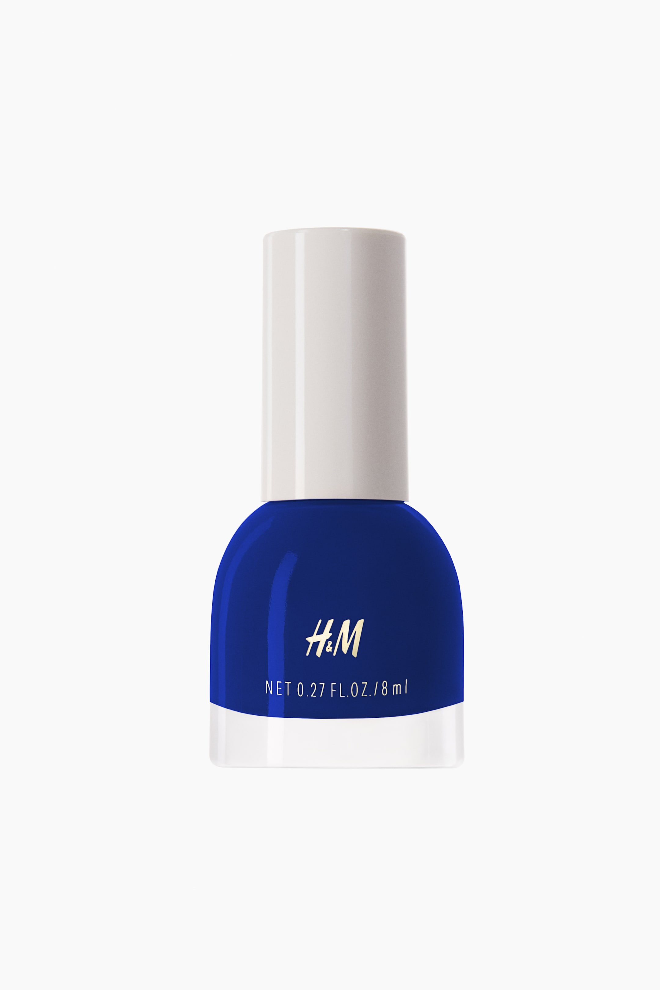 View larger image: A nail varnish bottle is standing front-facing, containing a vibrant royal blue varnish. It features a white cylindrical cap, with white H&M branding and net weight details displayed on the front of the bottle.