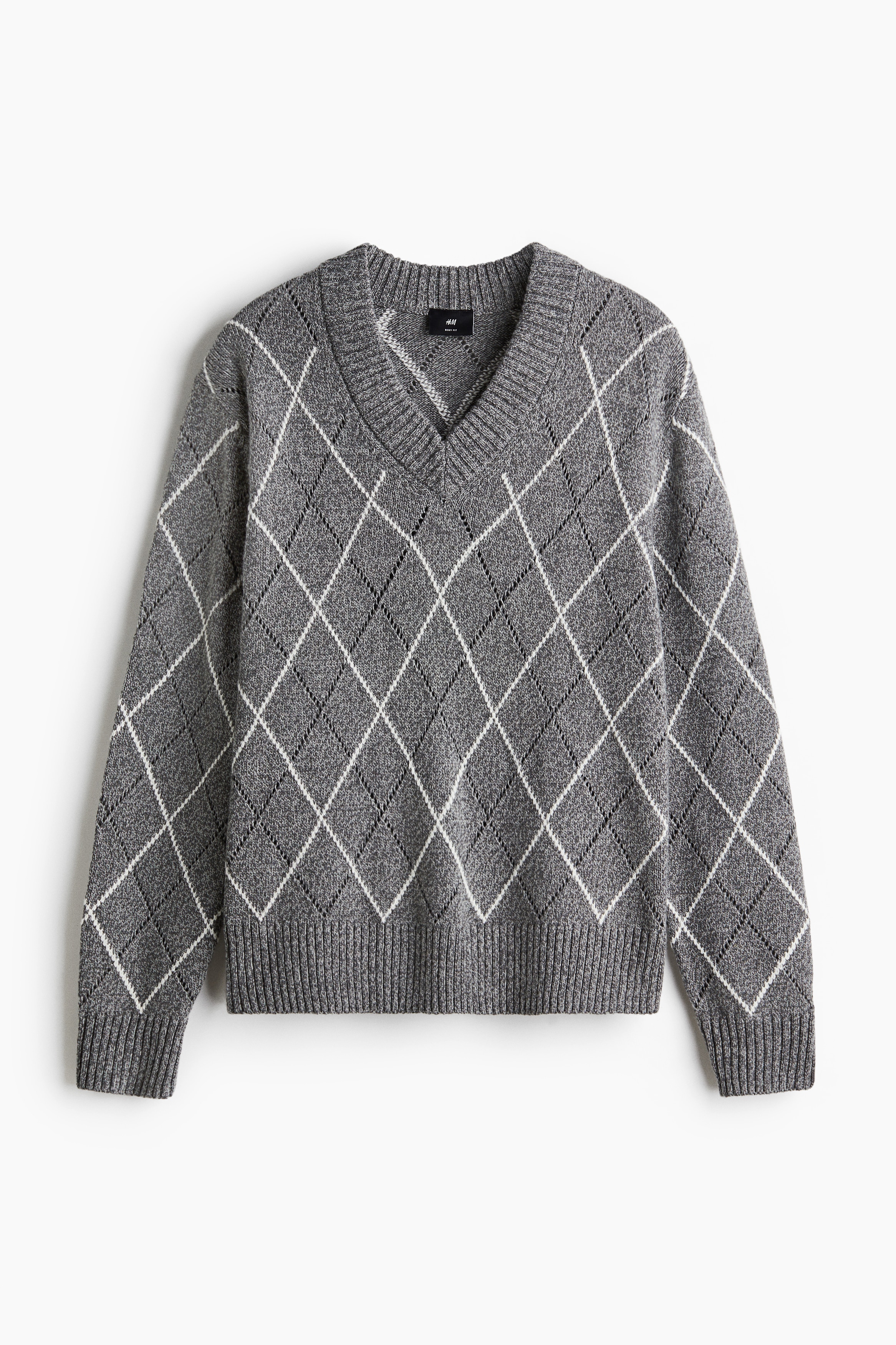 Regular Fit Wool Blend V-neck Sweater - Grey/Argyle pattern