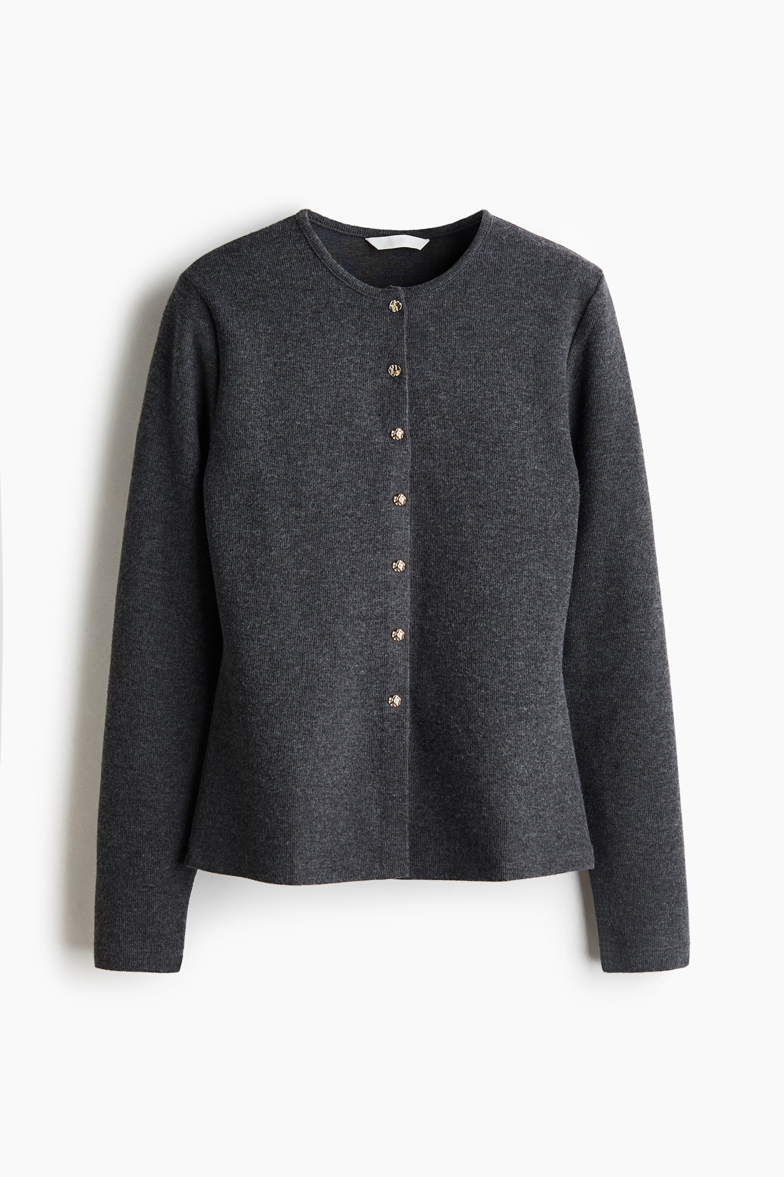 A dark grey knit cardigan is shown from the front, featuring a crew neckline, long sleeves, and a subtly flared hemline. The cardigan fastens down the centre front with seven small, gold-toned decorative buttons. - 1