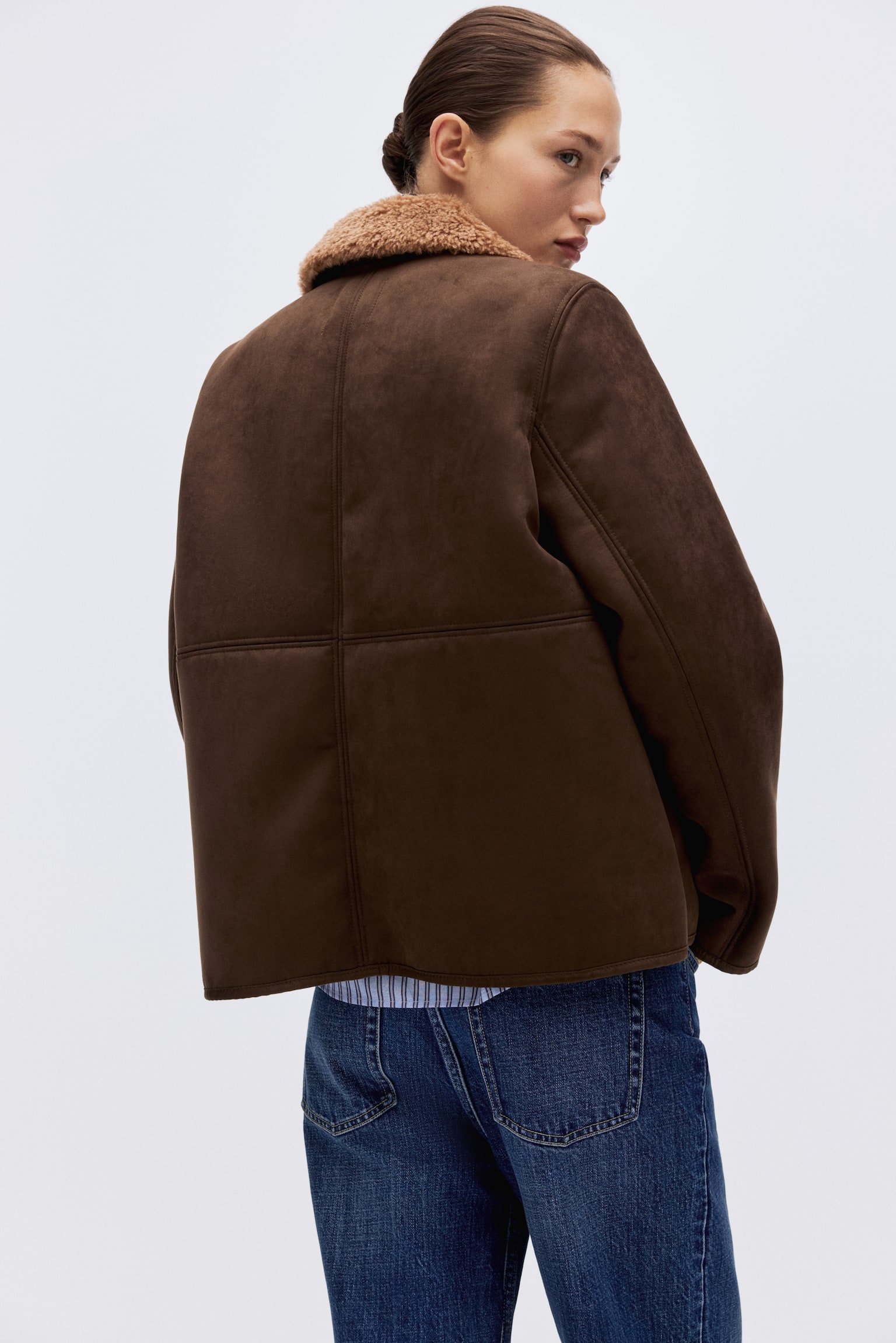 Jachetă cu guler din pluș - Maro-închis - 3