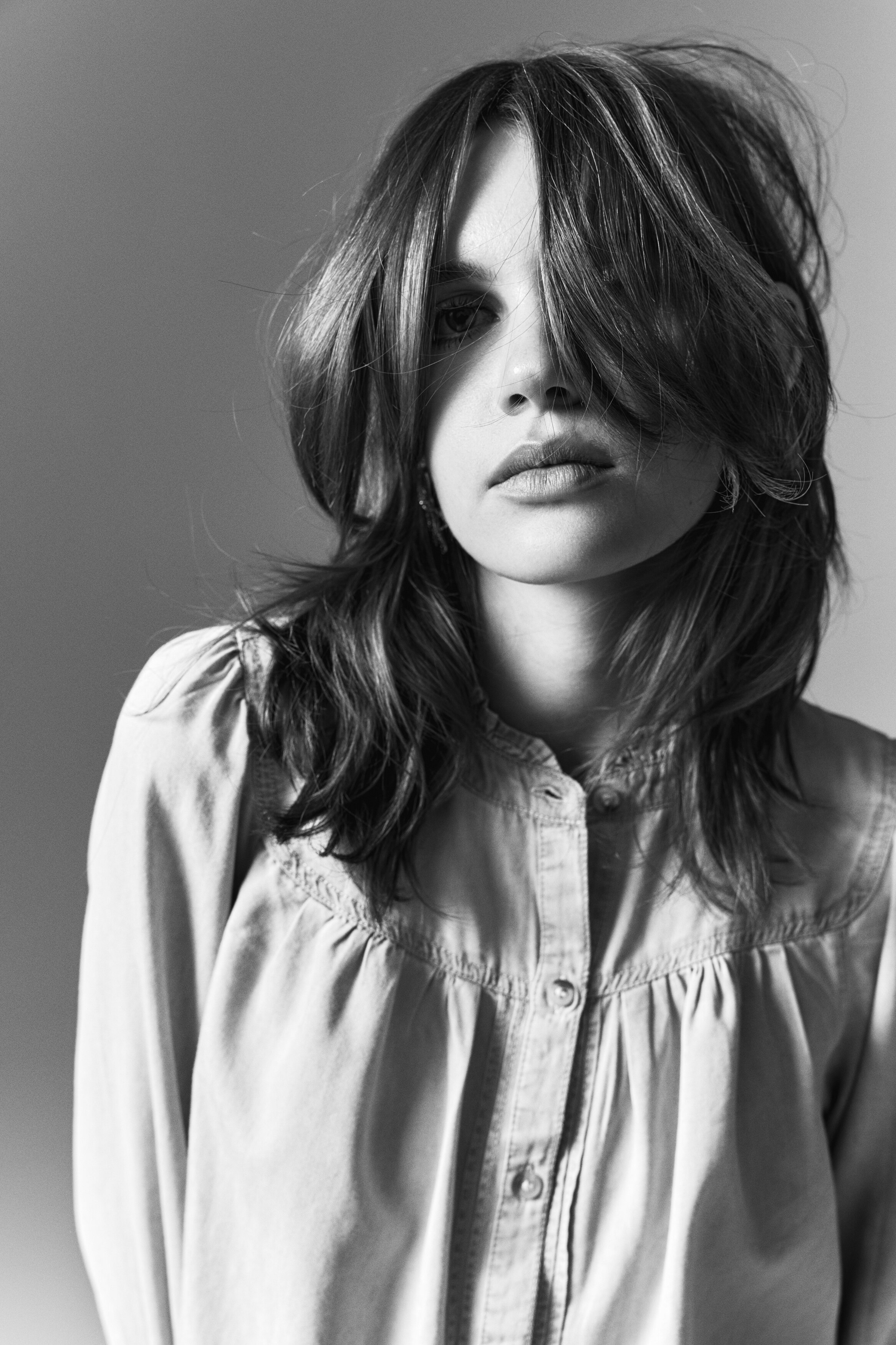 Frill-trimmed denim blouse