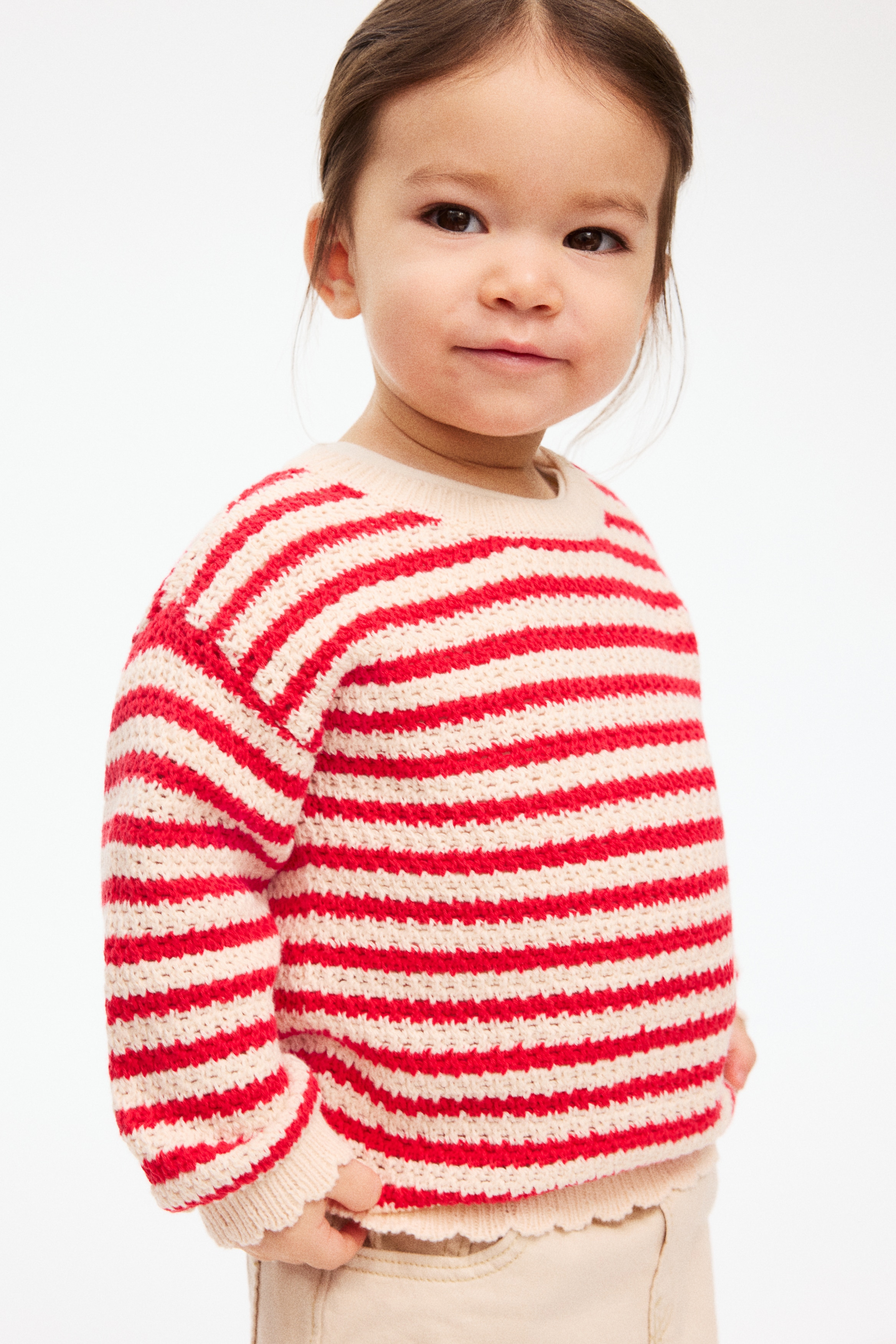 Cotton Sweater - Light beige/red striped/Cream/hearts