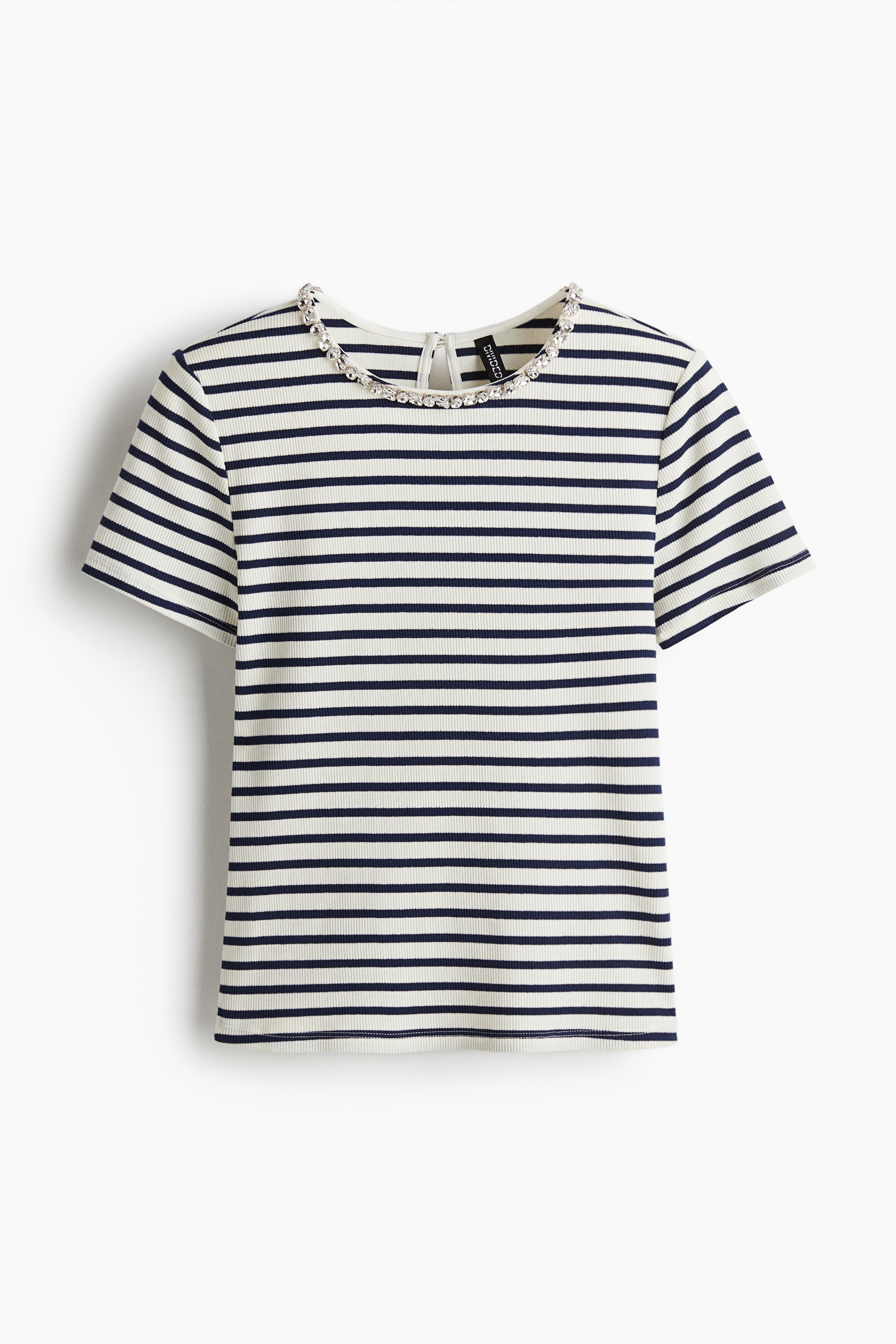 Rhinestone-Embellished T-Shirt - White/dark blue striped
