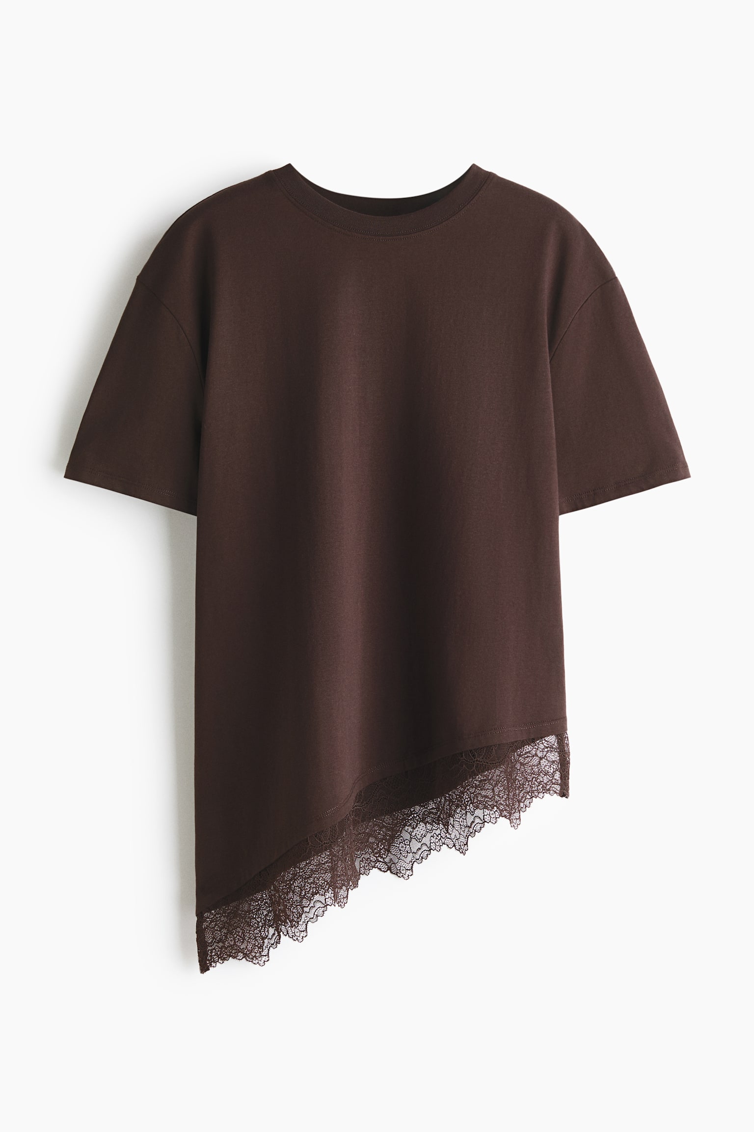 Asymmetric Lace-Trimmed T-Shirt-Dark brown - 2