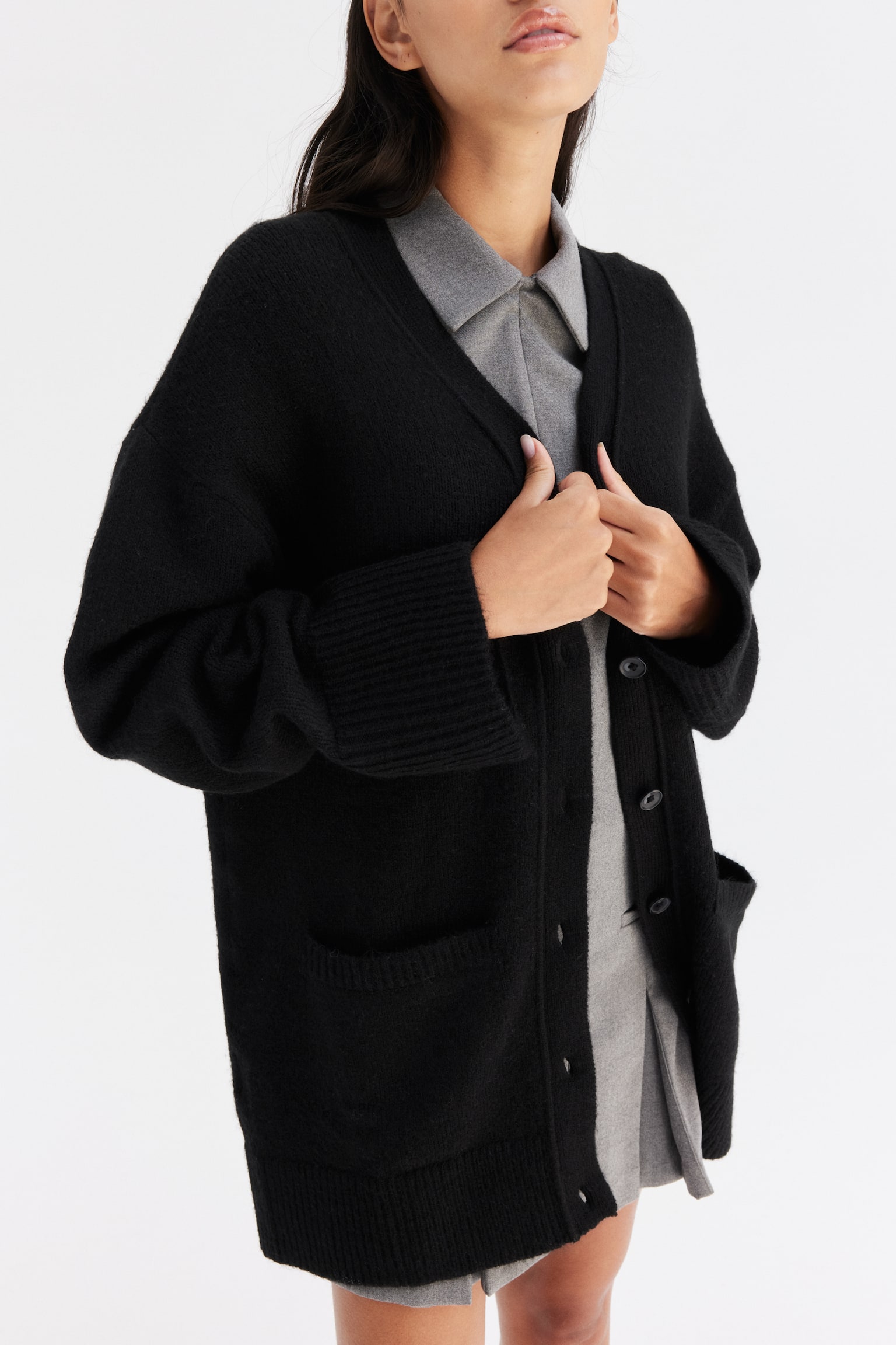 Oversized cardigan - Black/Light beige marl/Light grey marl - 4