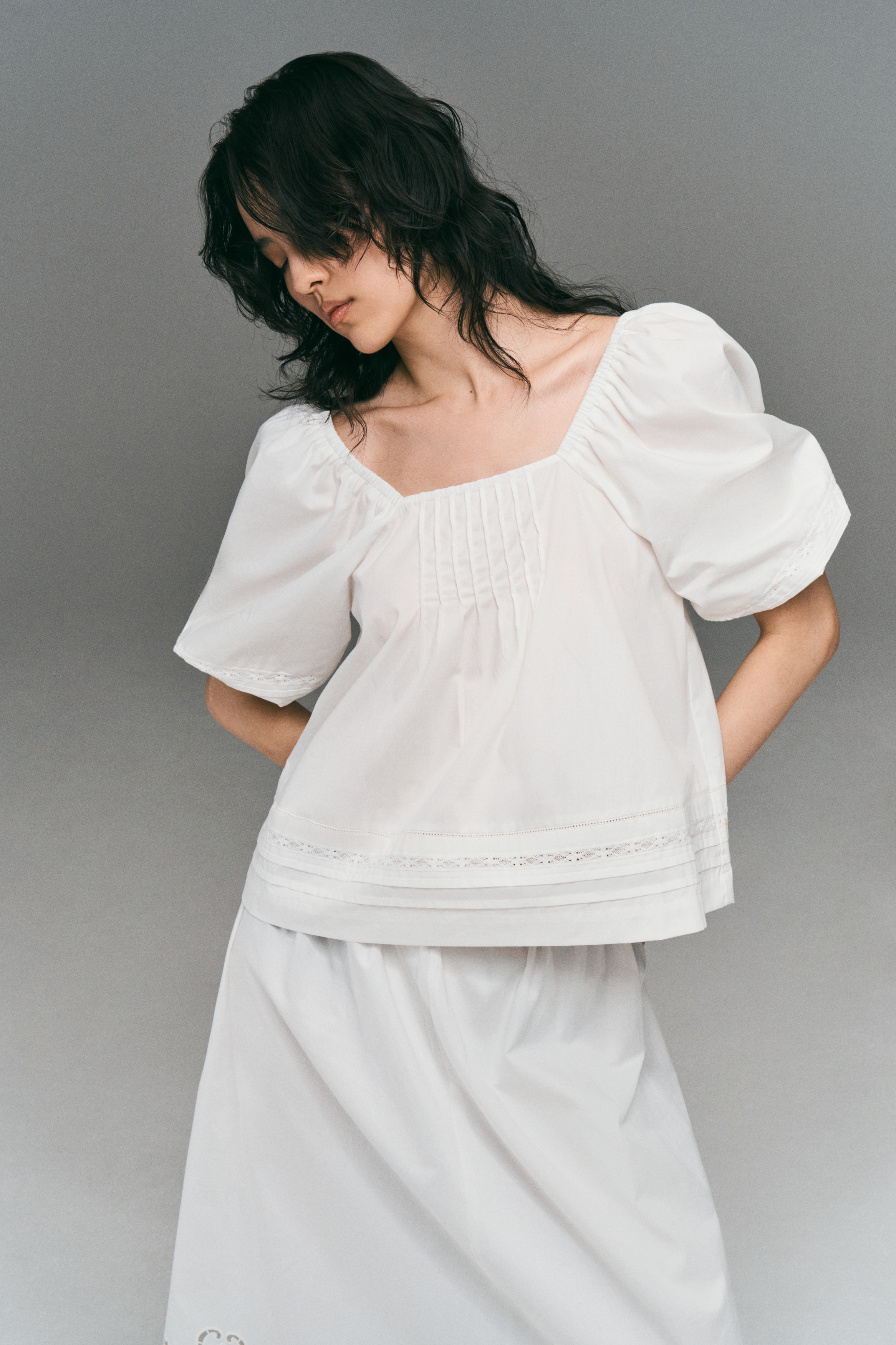 Pintucked Cotton Blouse - White/Black