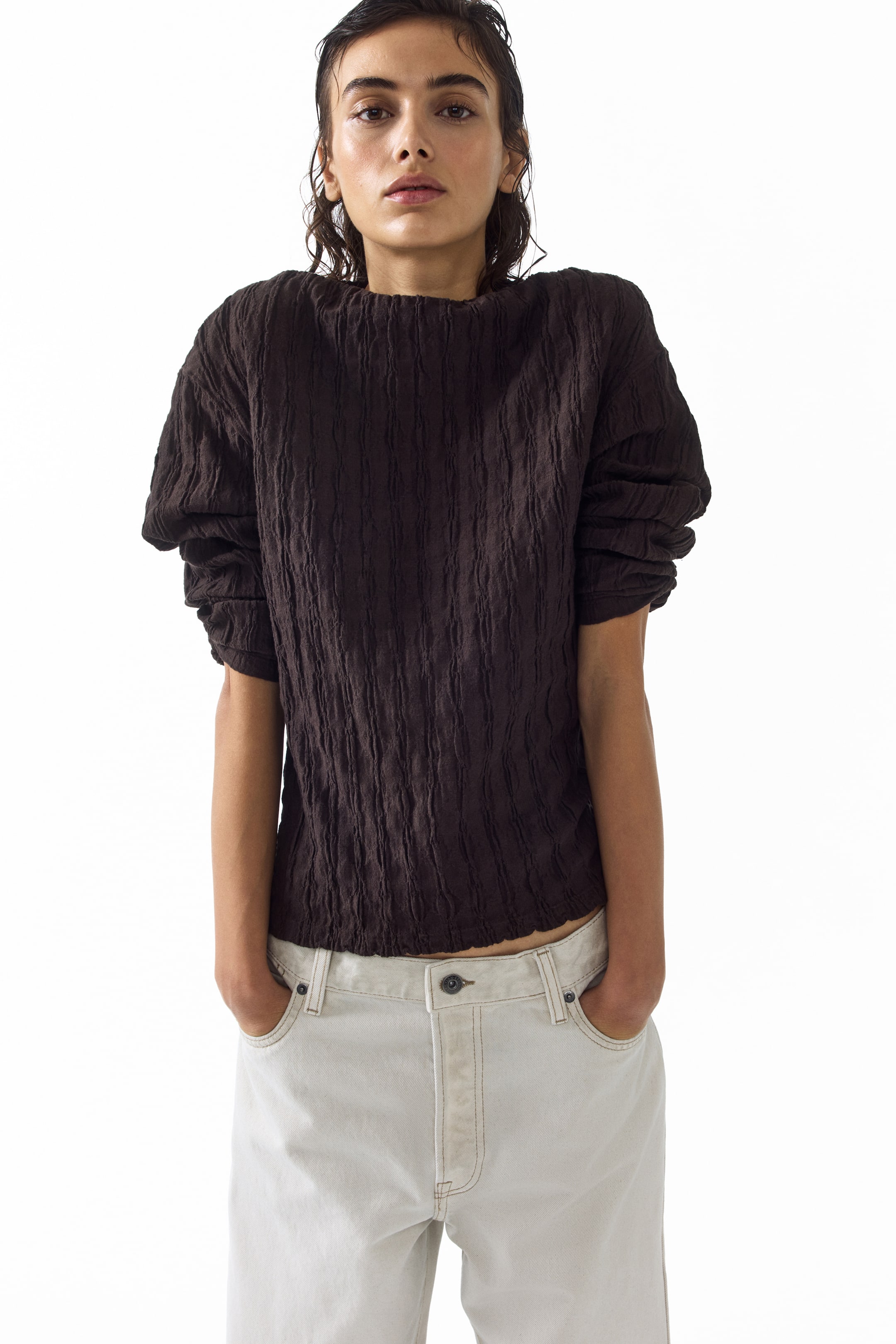 View larger image: The deep brown top showcases a distinct crinkled texture across its fabric. It features a crew neck and voluminous, short puffed sleeves, and is displayed from a front-facing perspective.