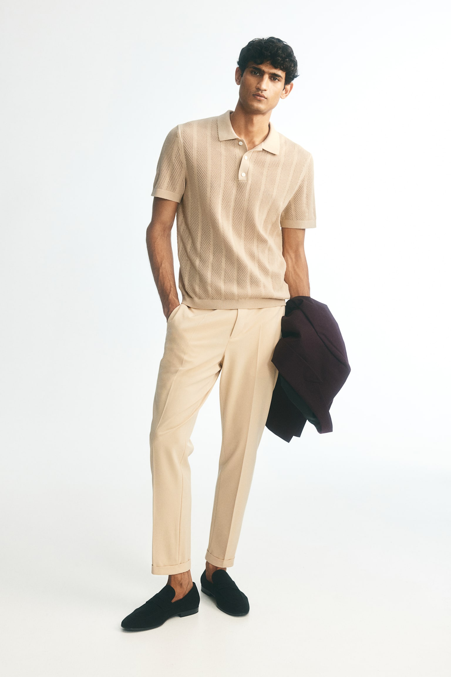 Slim Fit Ankle-length trousers - Beige/White/Black - 1