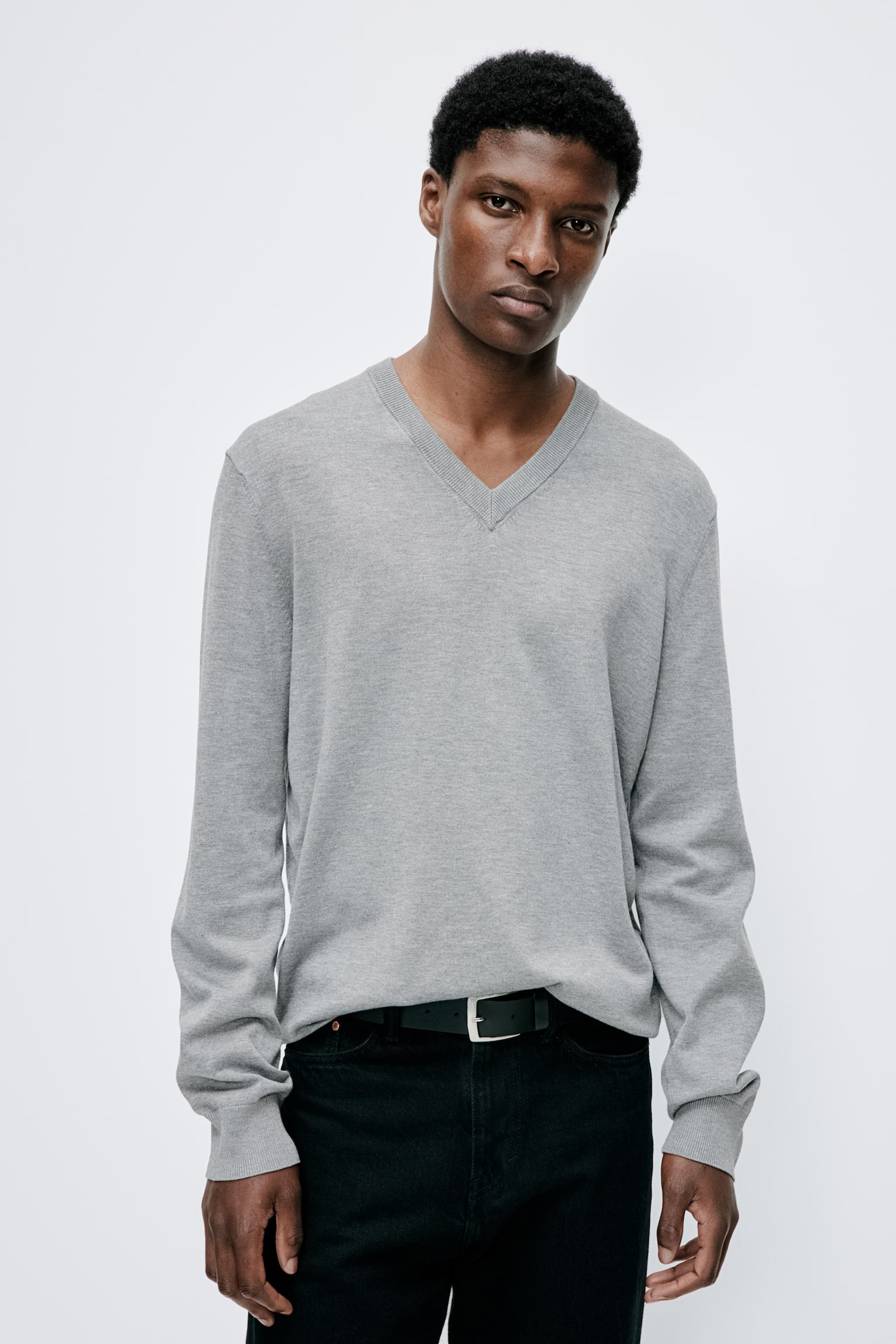 Slim Fit Fine-knit V-neck jumper - Dark grey/Dark beige/Navy blue - 2