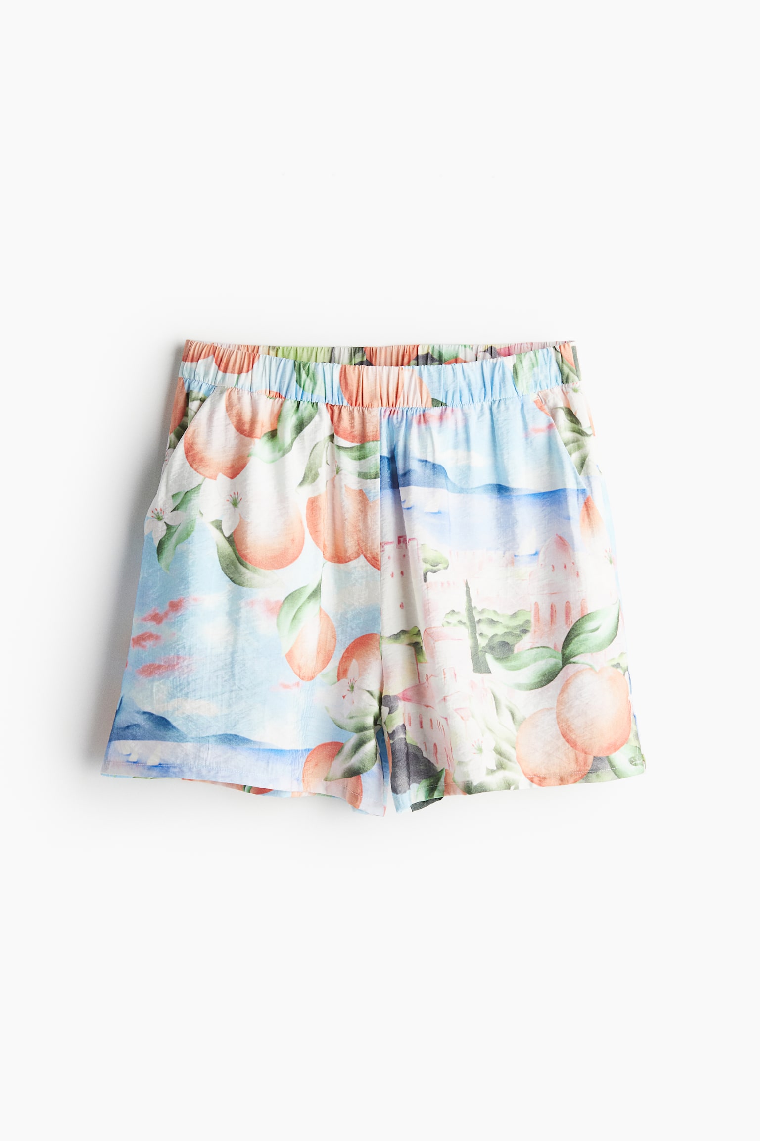 Patterned pull-on shorts - Light blue/Oranges - 1