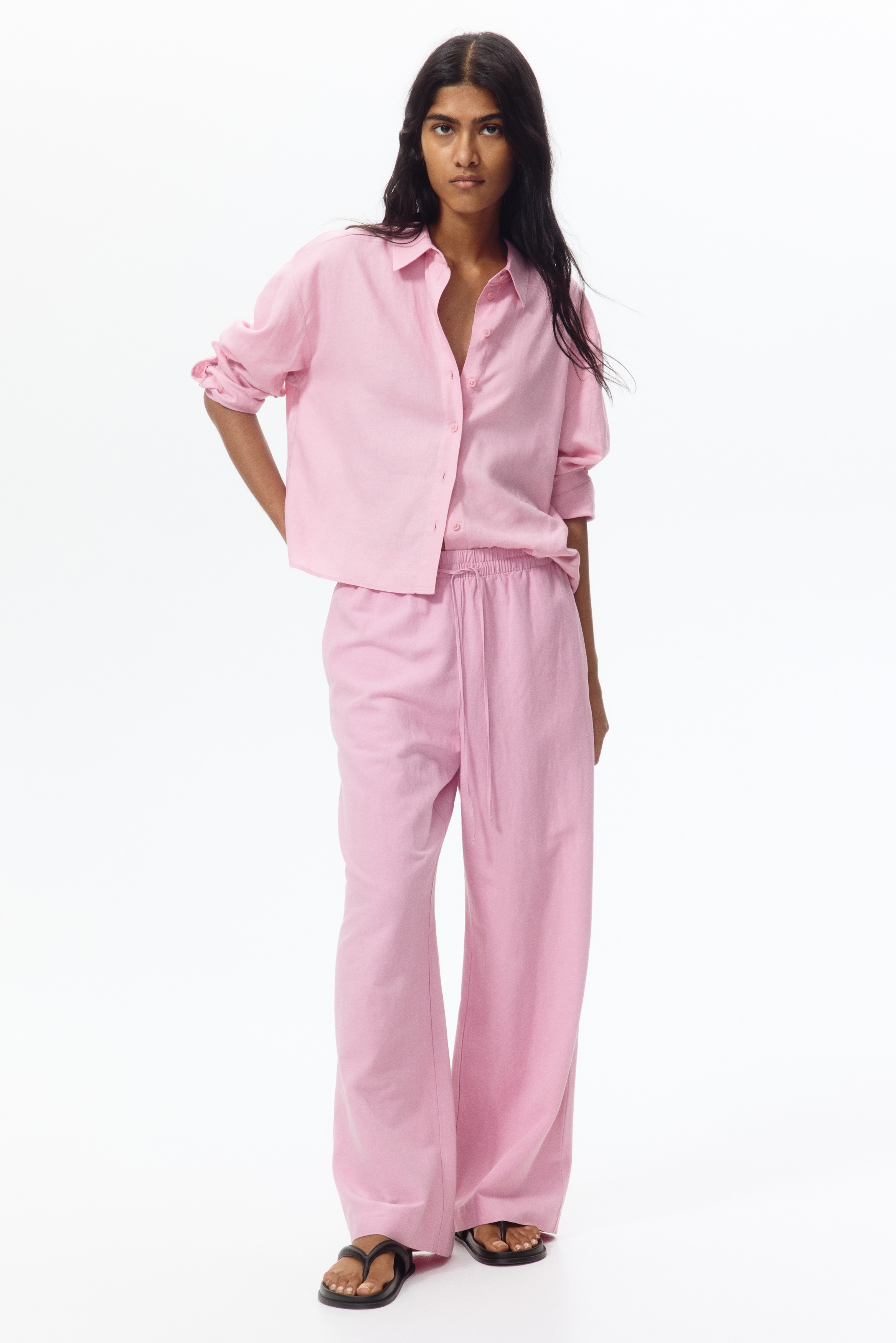 Linen-blend drawstring trousers - Pink/Light yellow/Red/Orange/Bright blue/Beige/Striped/Bright red