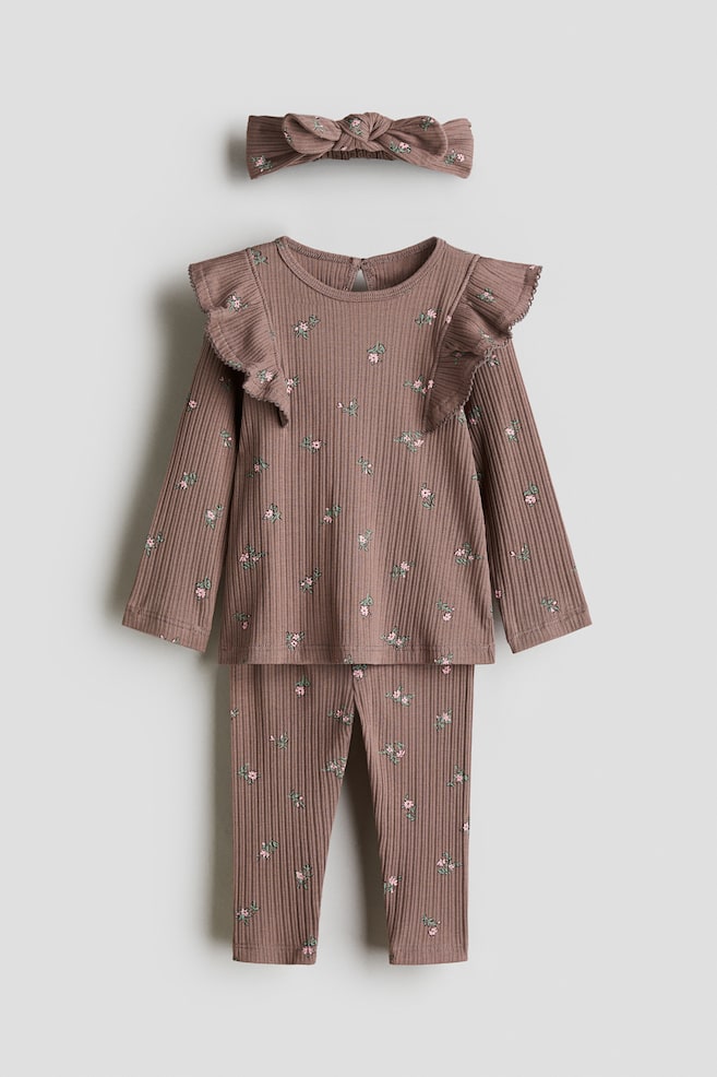 Ensemble 3 pièces en jersey imprimé - Marron clair/fleuri/Rose clair/fleuri - 1