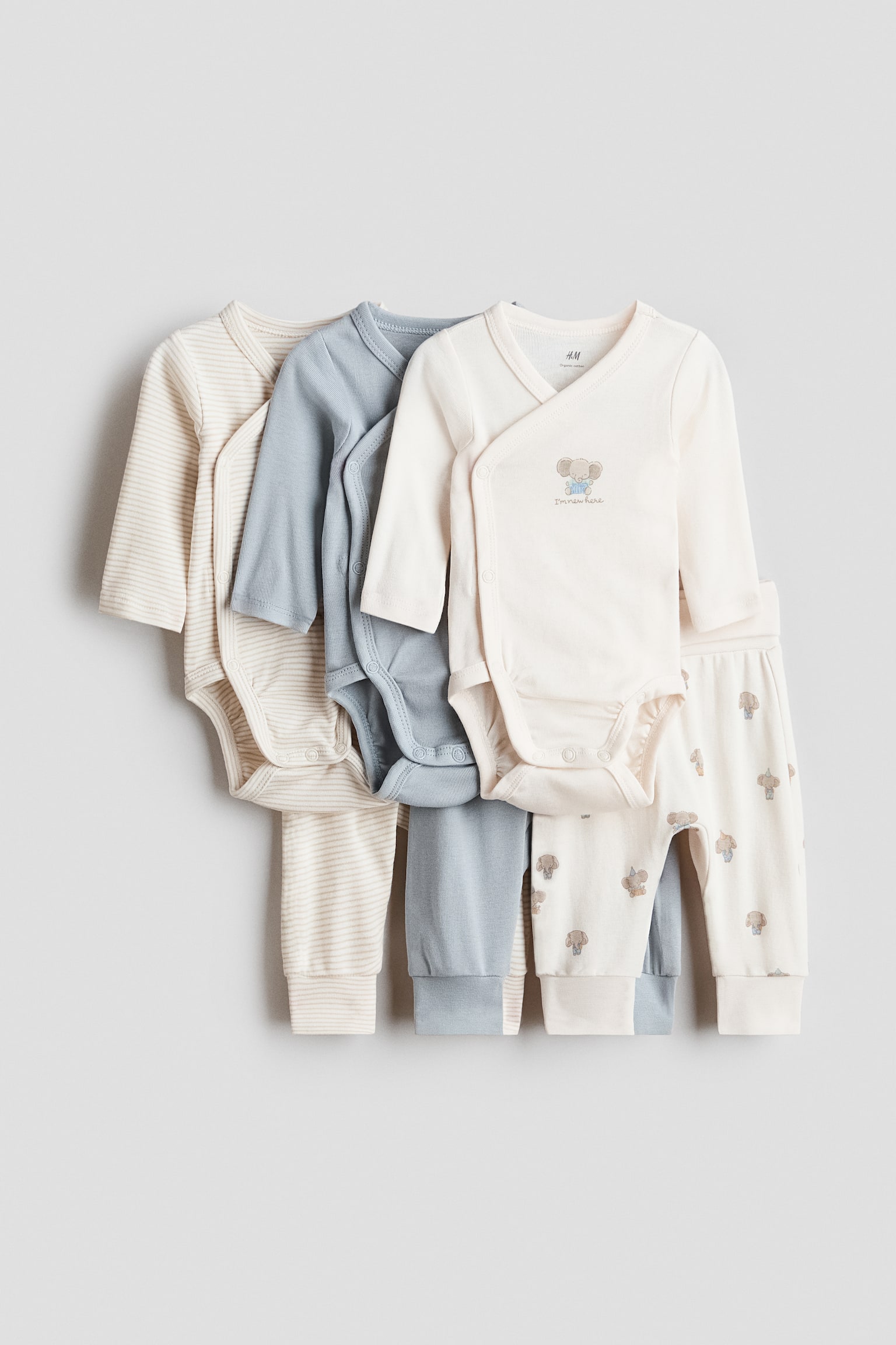 Ensemble 6 pièces avec bodies et pantalons - Bleu ancien clair/I'm New Here/Vert clair/animaux/Blanc/beige/Rose ancien/fleuri/Bleu marine/animaux/Rose ancien/cerises/Taupe clair/beige clair/Beige/girafes
