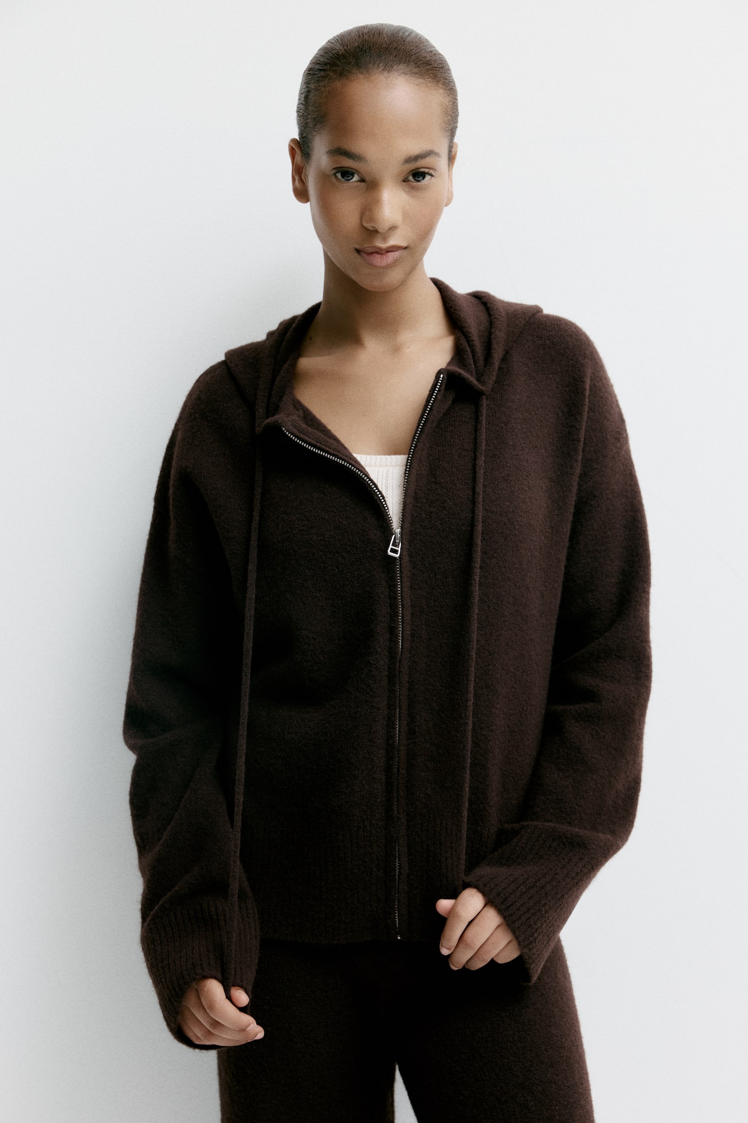 Knit Hooded Jacket - Dark brown - 3