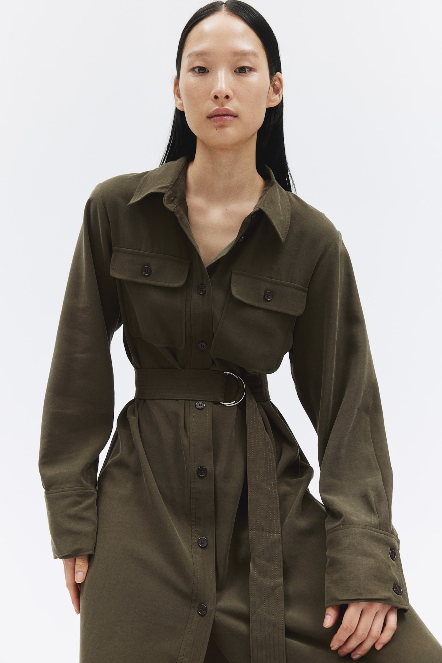 Belted shirt dress - Dark khaki green/White - 1