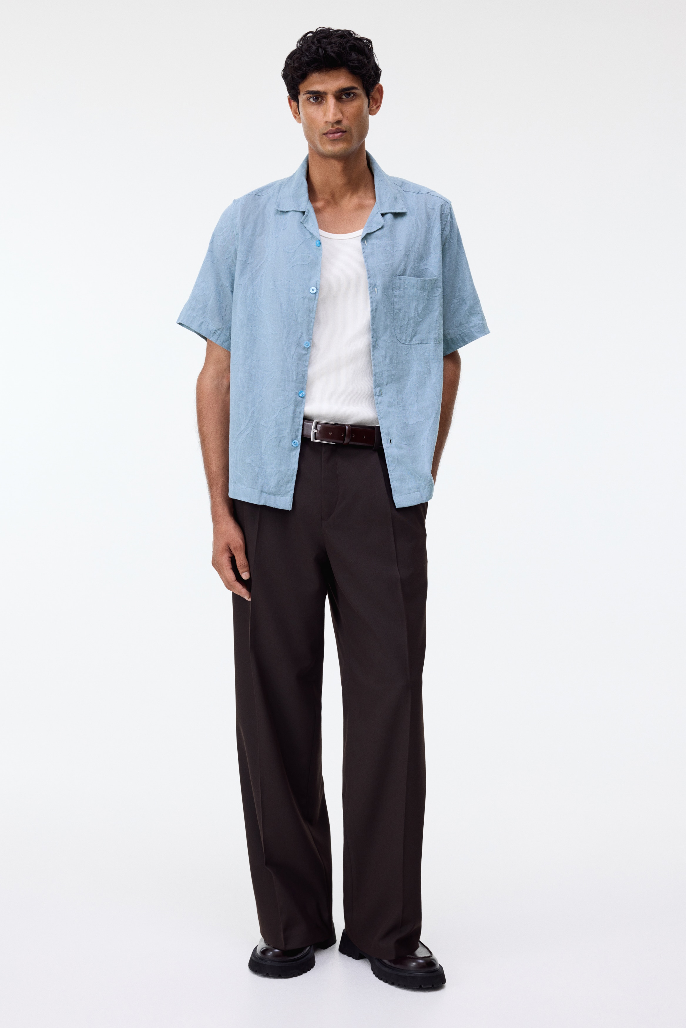 Regular Fit Jacquard-weave resort shirt - Light blue