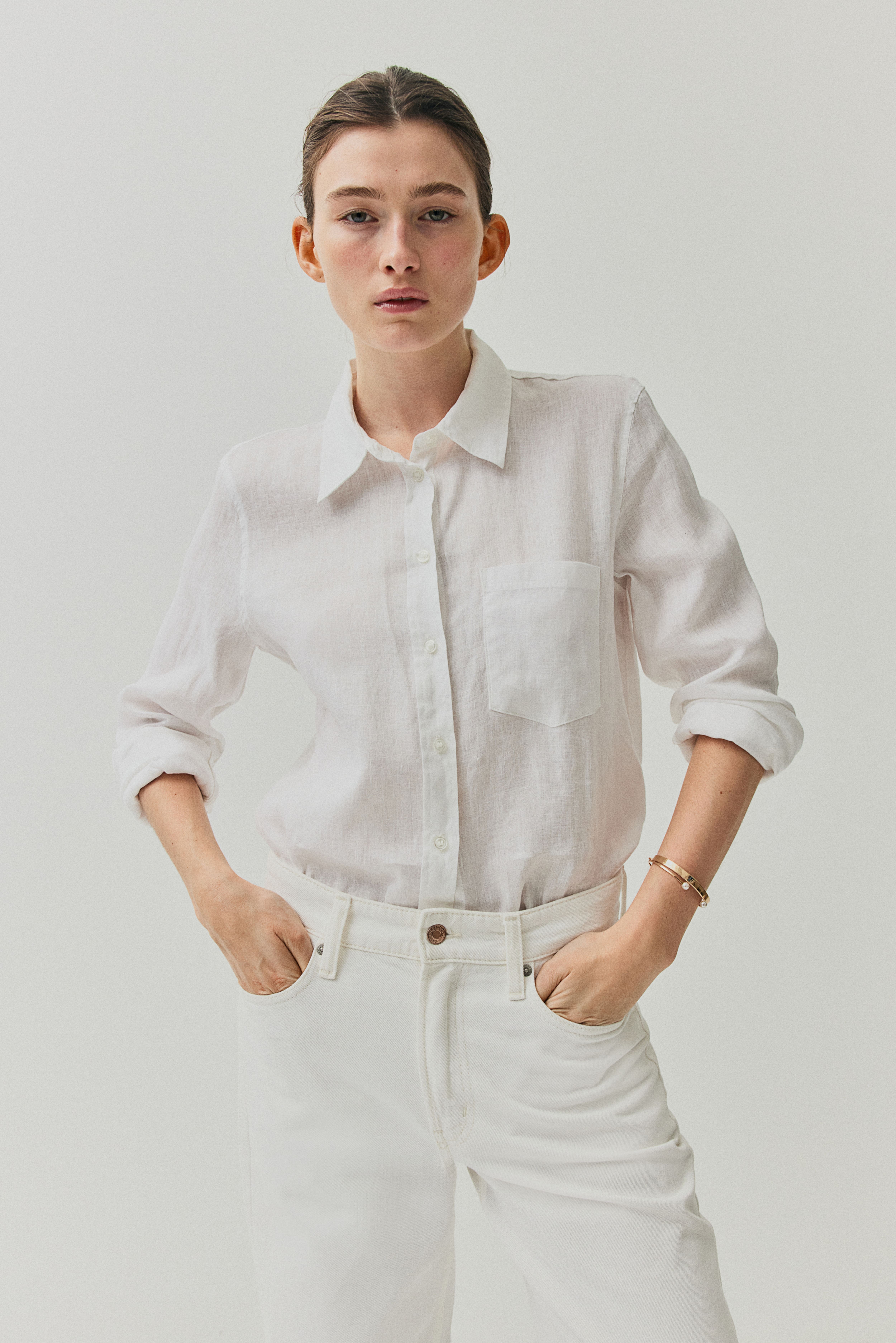 Linen Shirt - Long sleeve - Regular length - White - Ladies | H&M US