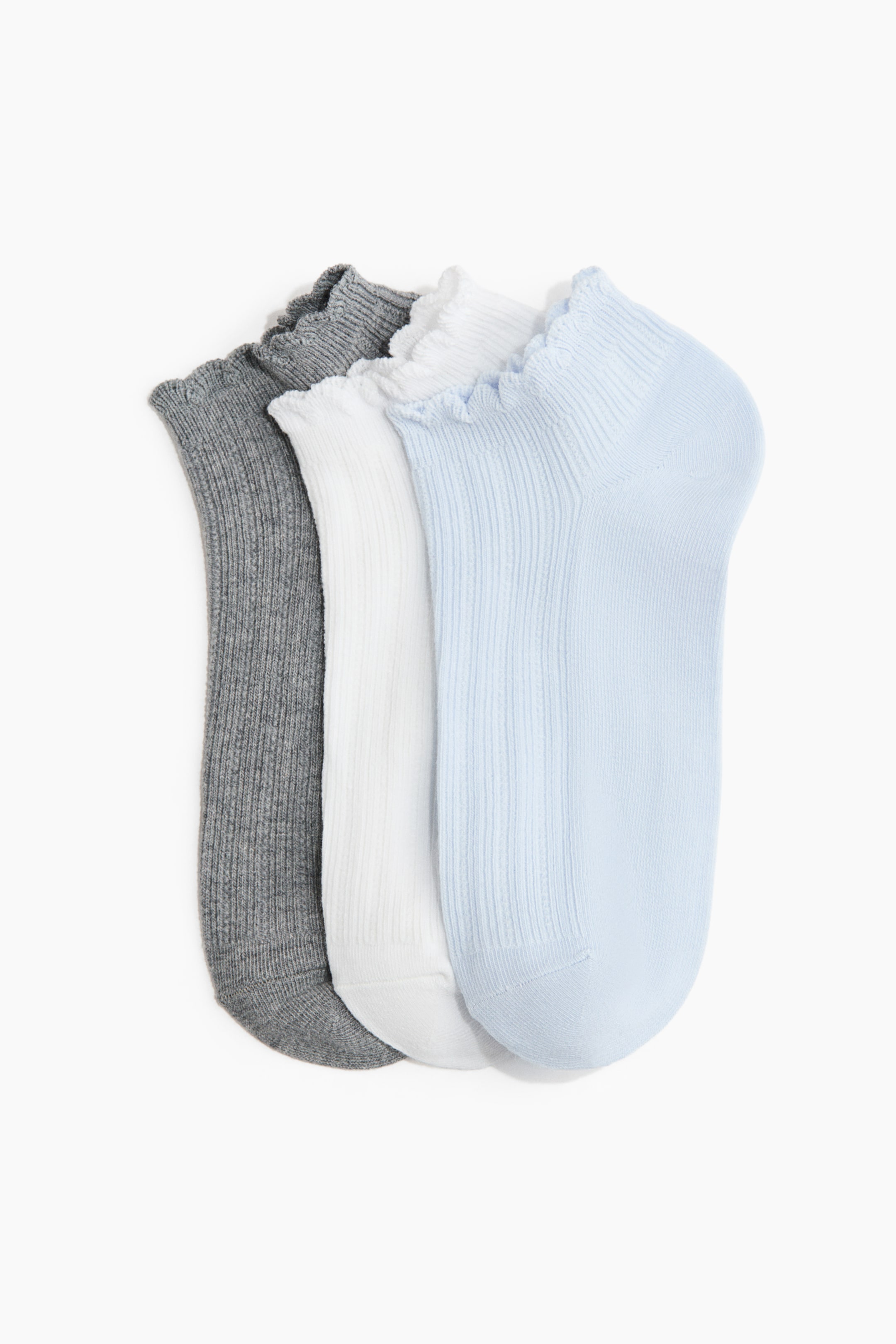 Agrandir l'image: Trois chaussettes à la cheville sont posées à plat, présentant leur profil avant. Une chaussette grise, blanche et bleu clair est visible, chacune arborant une texture côtelée sur le corps principal et un bord supérieur froncé.