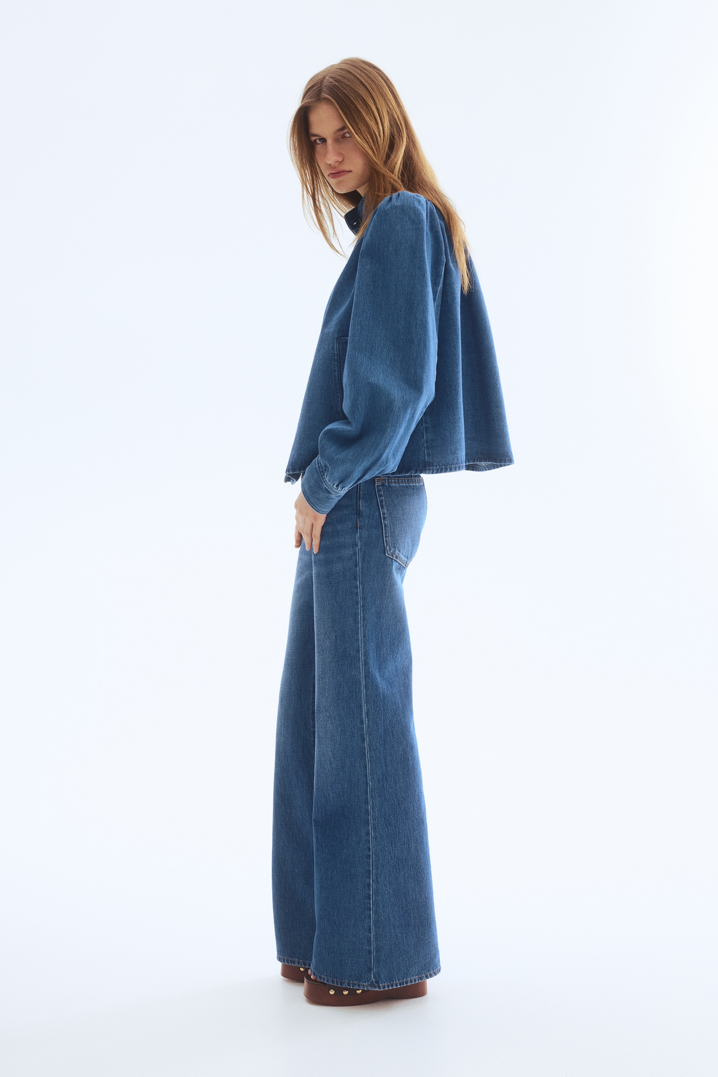 Jachetă din twill cu mâneci bufante - Albastru-denim/Maro-închis/Bej