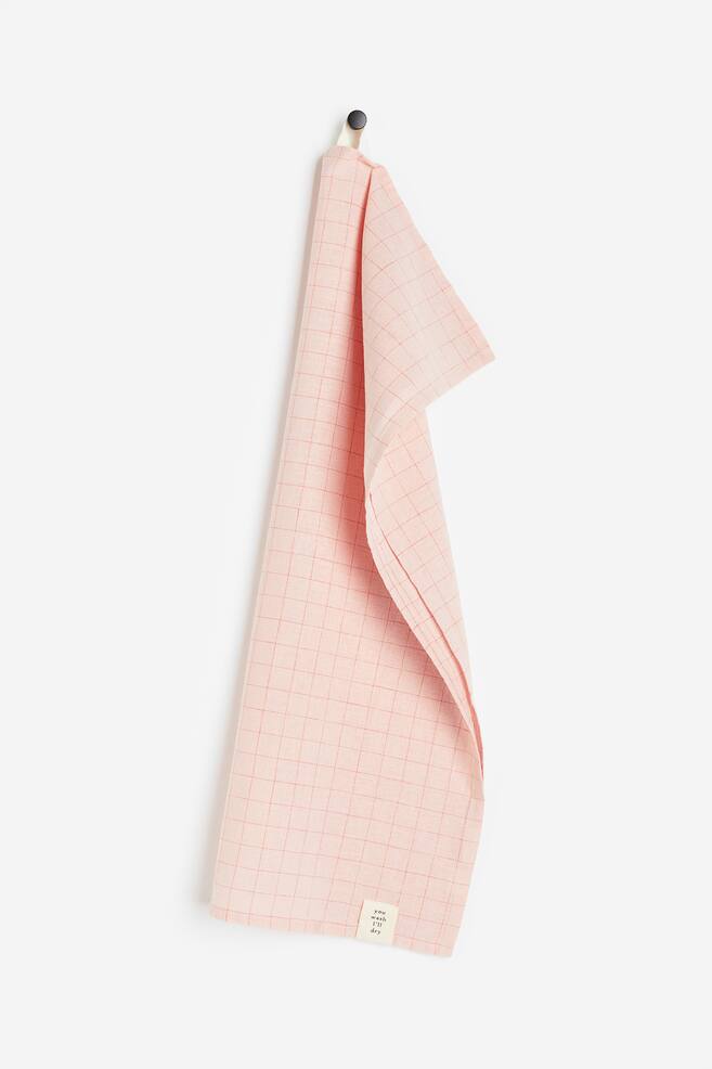 Checked linen-blend tea towel - Light pink/Checked - 1