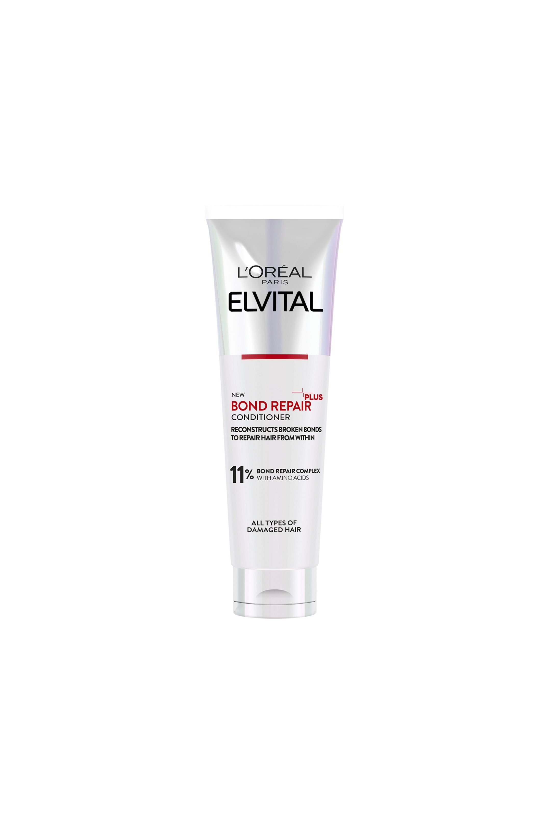 Se større billede: Et L'Oréal Elvital Bond Repair Conditioner-rør står oprejst, vendt fremad, og fremviser sin hvide og iriserende emballage med rød og sort tekst. Den har en hvid flip-top hætte i bunden og viser vigtige produktoplysninger på sin forside.