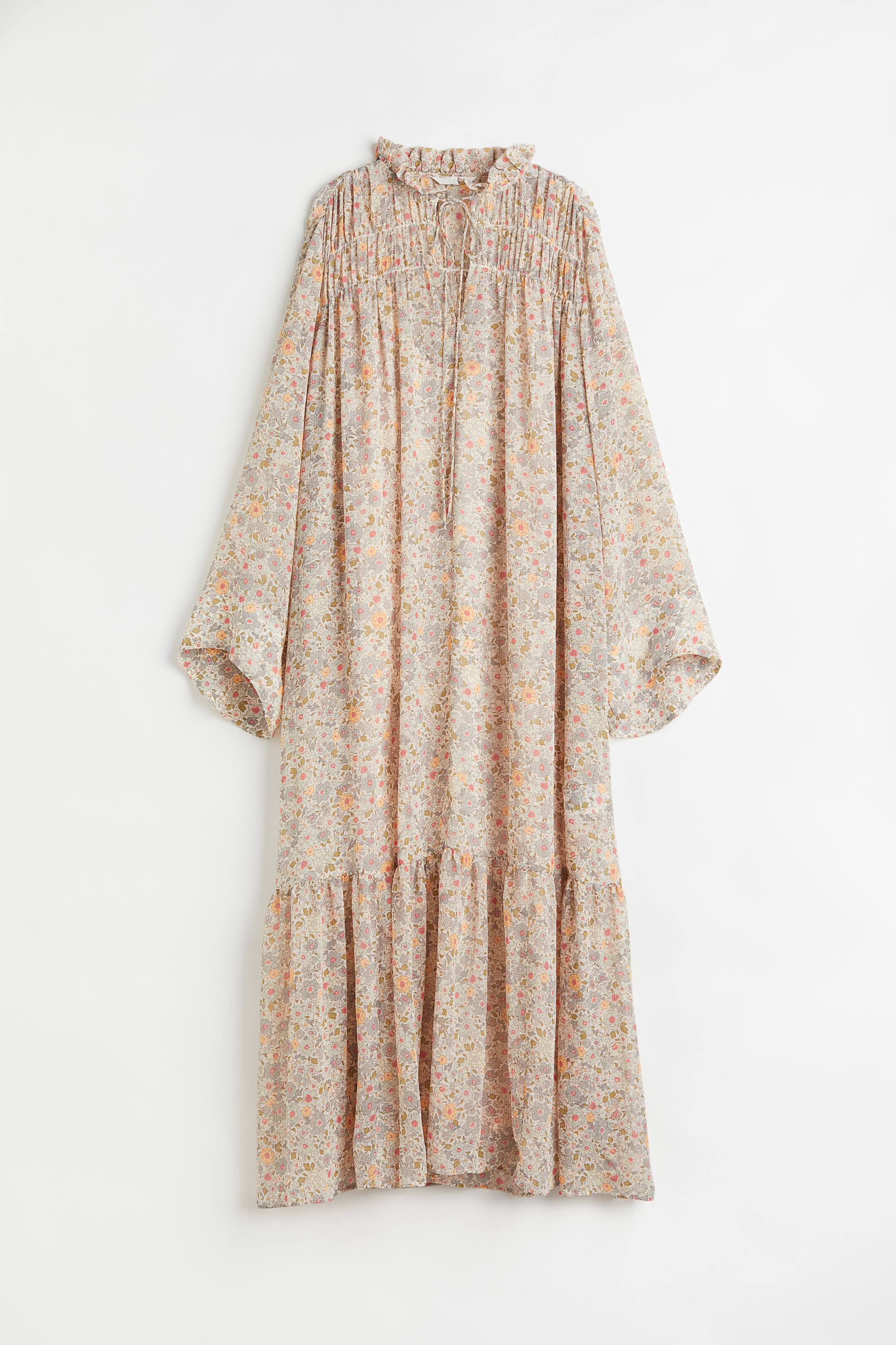 Robe longue en mousseline Encolure en V Manches longues Beige