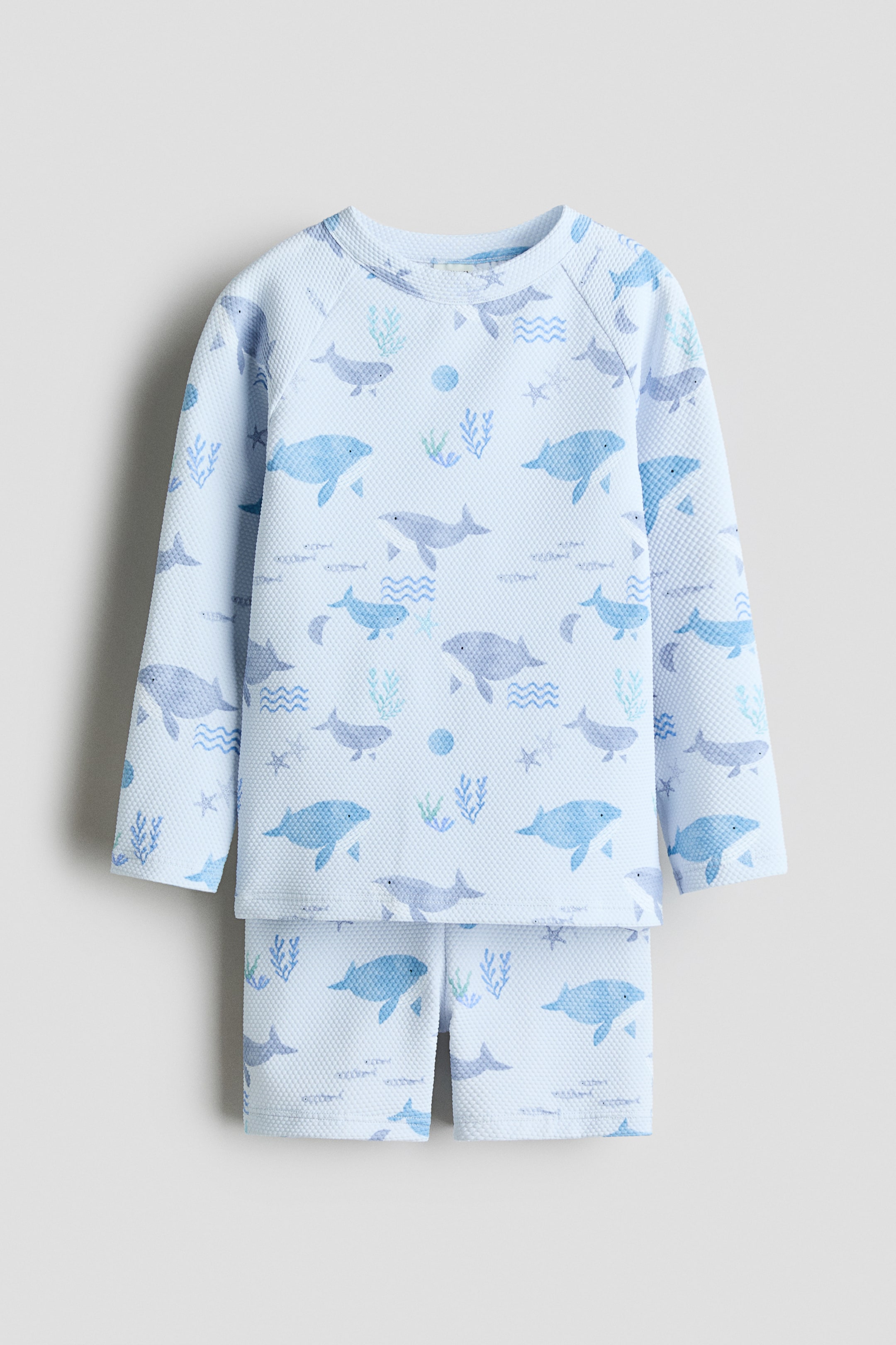 View larger image: The H&M Adorables swim set, shown FRONT, features a light blue, textured swim top with a round neckline and long raglan sleeves, paired with matching shorts that have an elasticated waist. Both pieces showcase an all-over pattern of blue whales and various sea life.