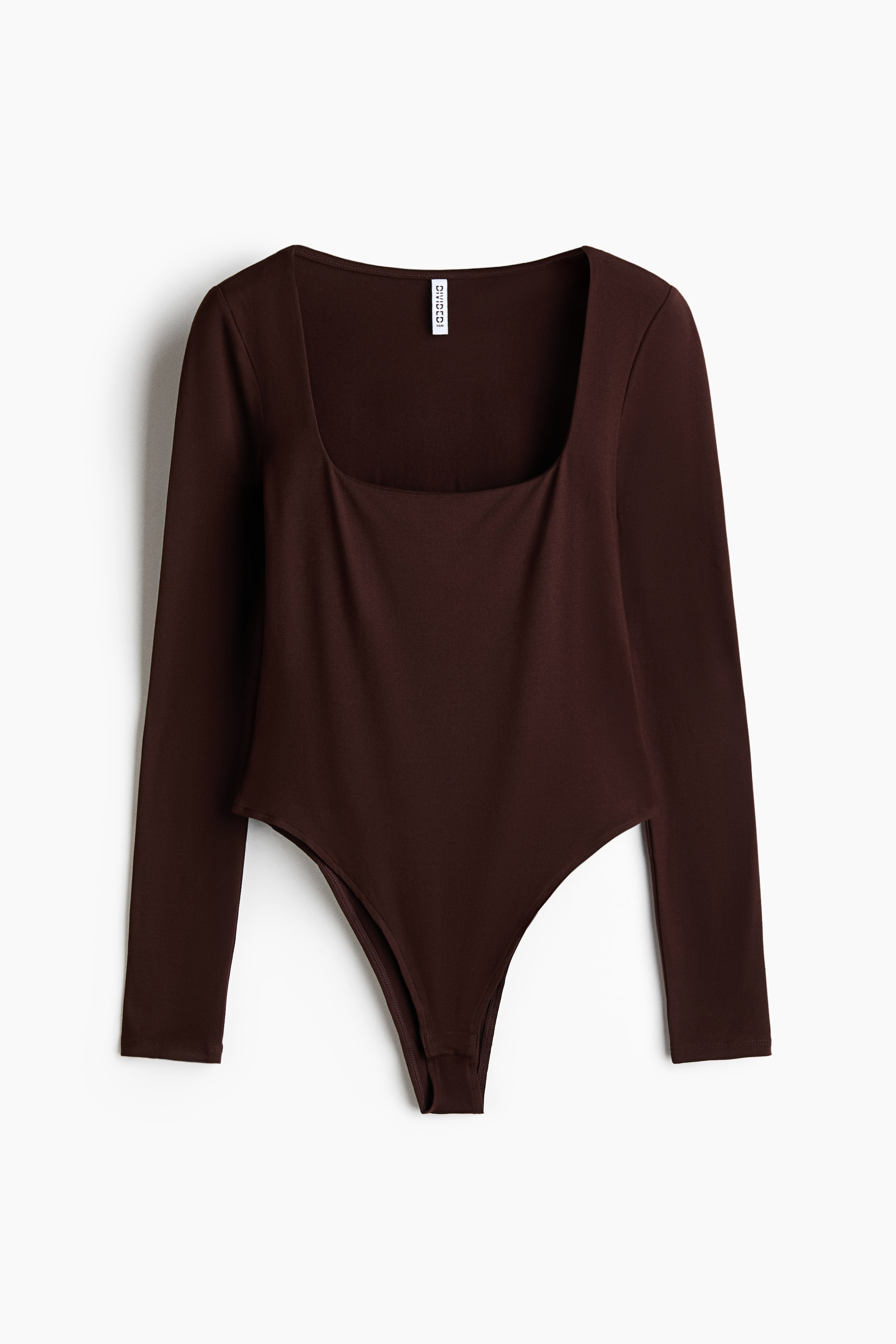 View larger image: A dark brown, long-sleeved bodysuit is shown from the front, featuring a deep square neckline and a high-cut leg design. The garment presents a fitted silhouette crafted from a finely ribbed knit material.