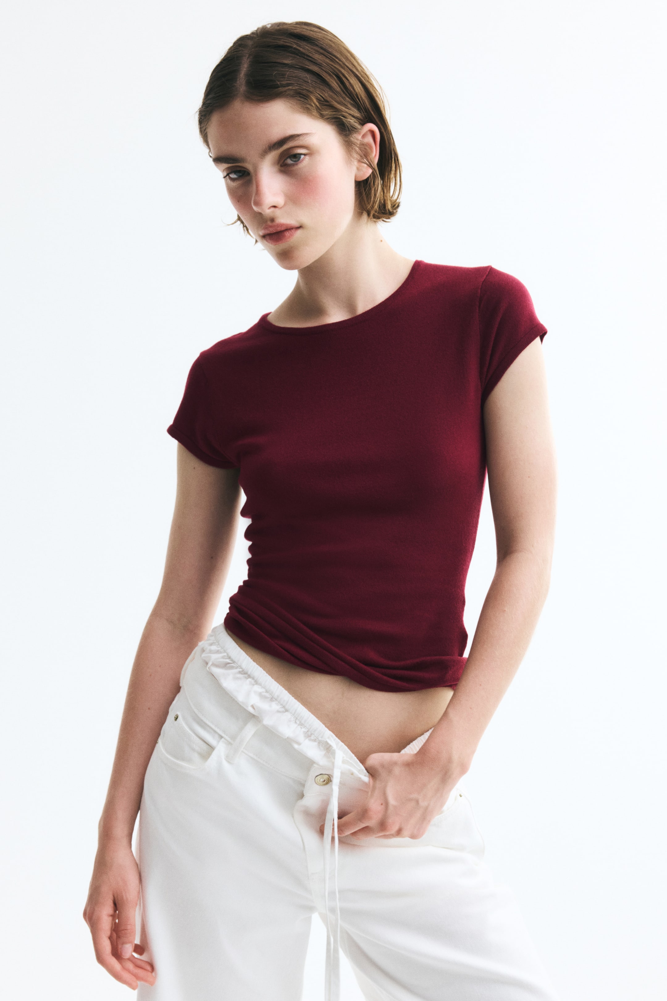 Cap-Sleeved Fine-Knit Top